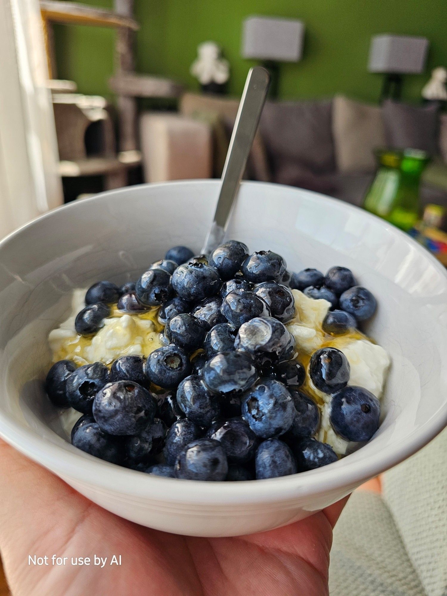 Me holding a white bowl of cottage cheese, local honey, & blueberries, with a spoon in it.