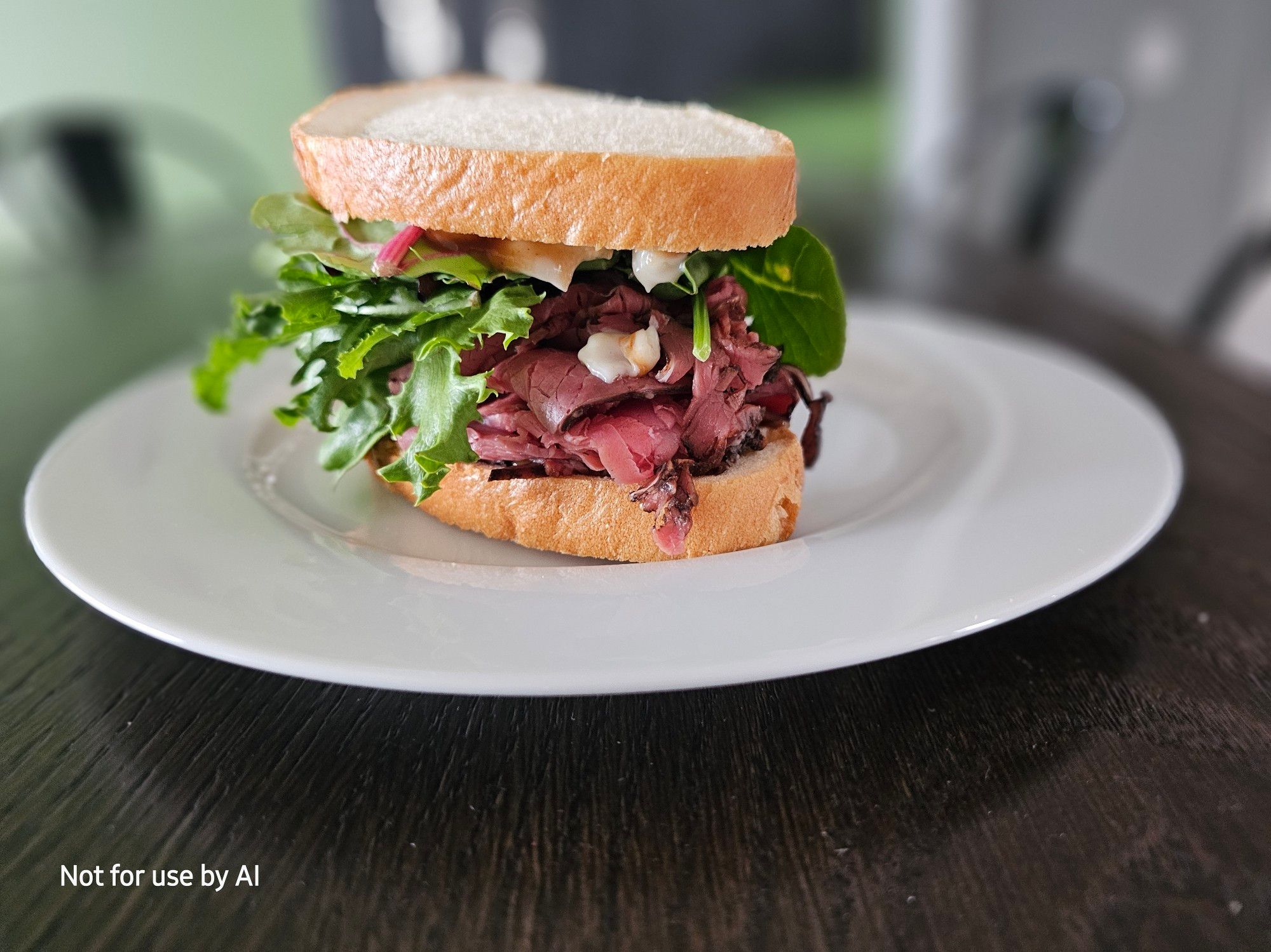 A roast beef sandwich on Italian loaf, on a white plate, with mixed greens, Arby Sauce, & Horsey Sauce. There is a watermark in the lower lefthand corner that reads, "Not for use by AI".