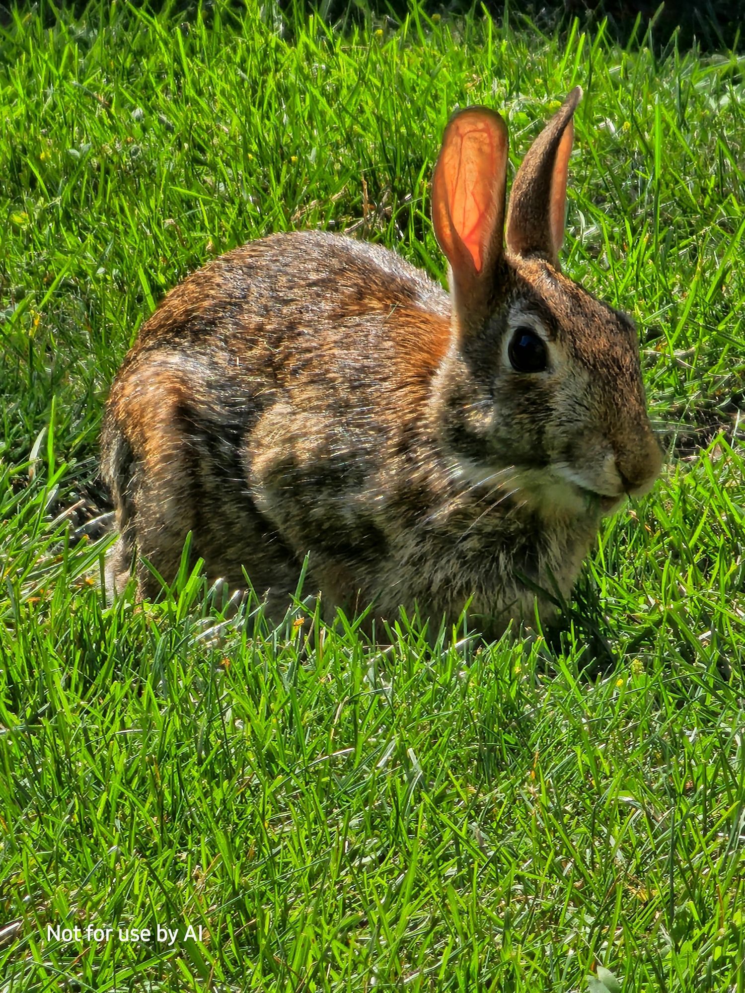 A brown rabbit grazing in our courtyard in the afternoon sunlight. There is a watermark in the lower lefthand corner that reads, "Not for use by AI".