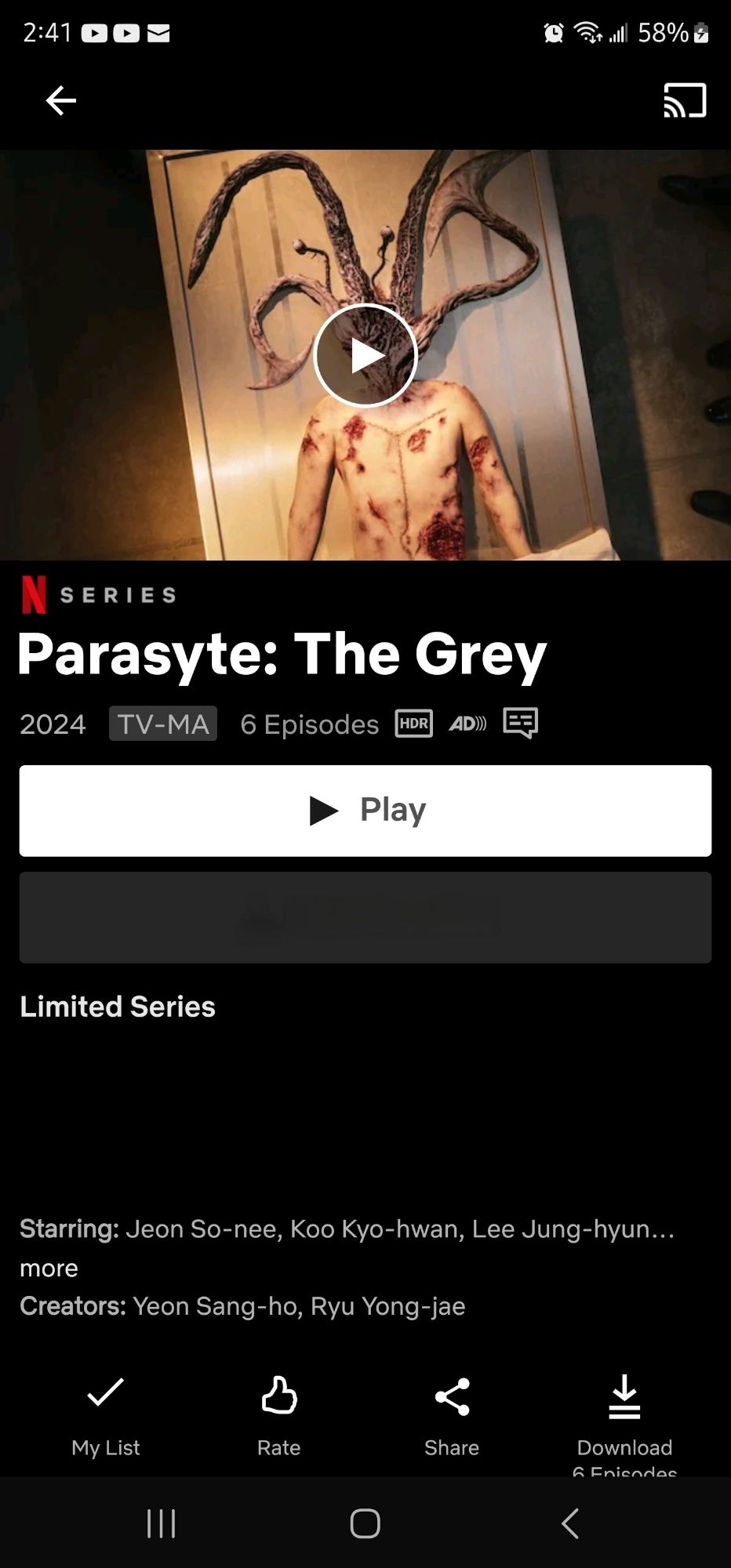 A screencap from Netflix showing "Parasyte: The Grey".