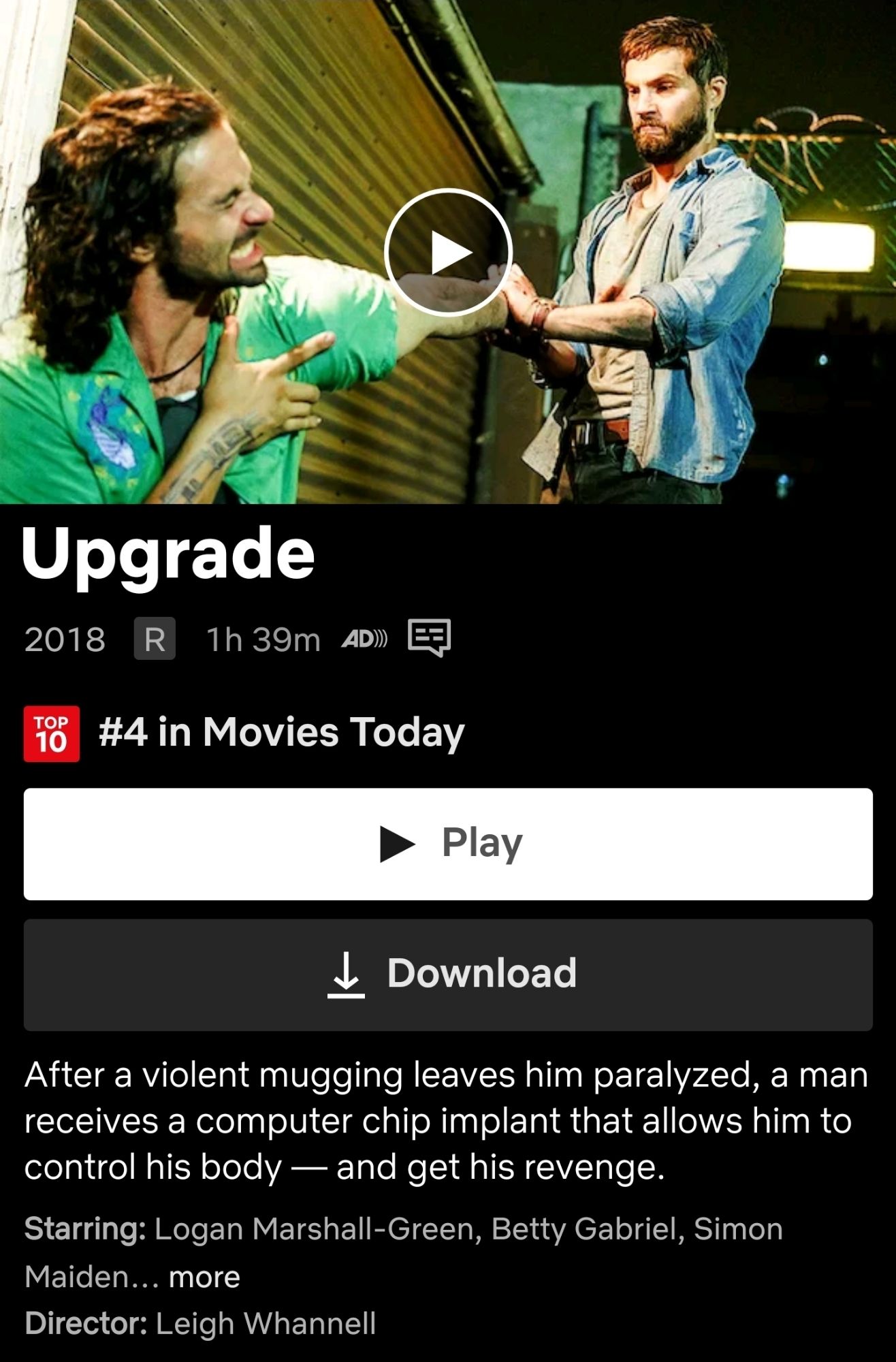 A screencap of the movie "Upgrade" on Netflix.