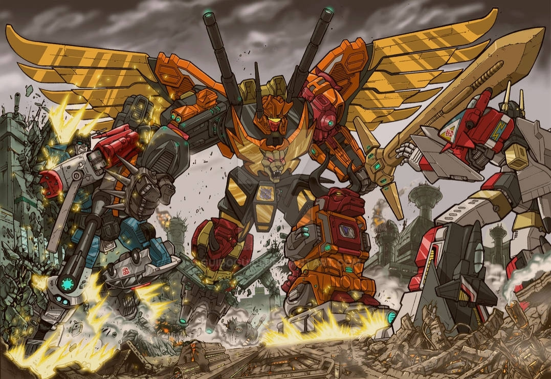 A piece of art depicting Predaking swatting Defensor aside like he's not even there, charging toward an equally-outmatched Superion.