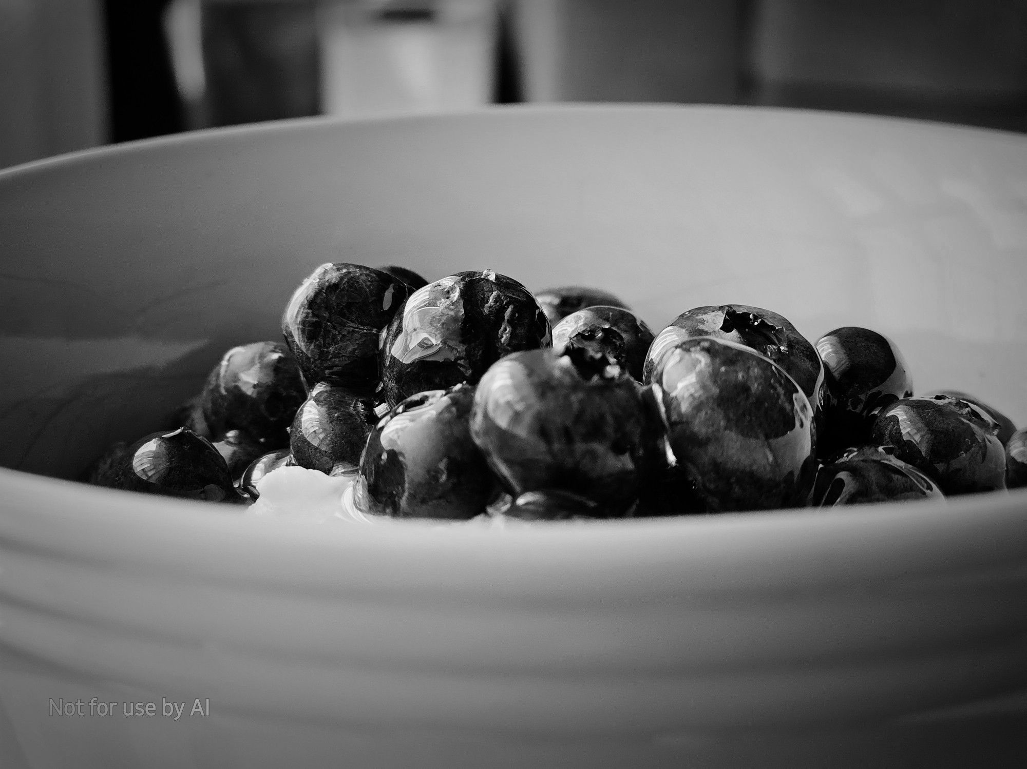 A black-and-white, vignette-shaded picture of a white bowl of cottage cheese, blueberries, & local honey.