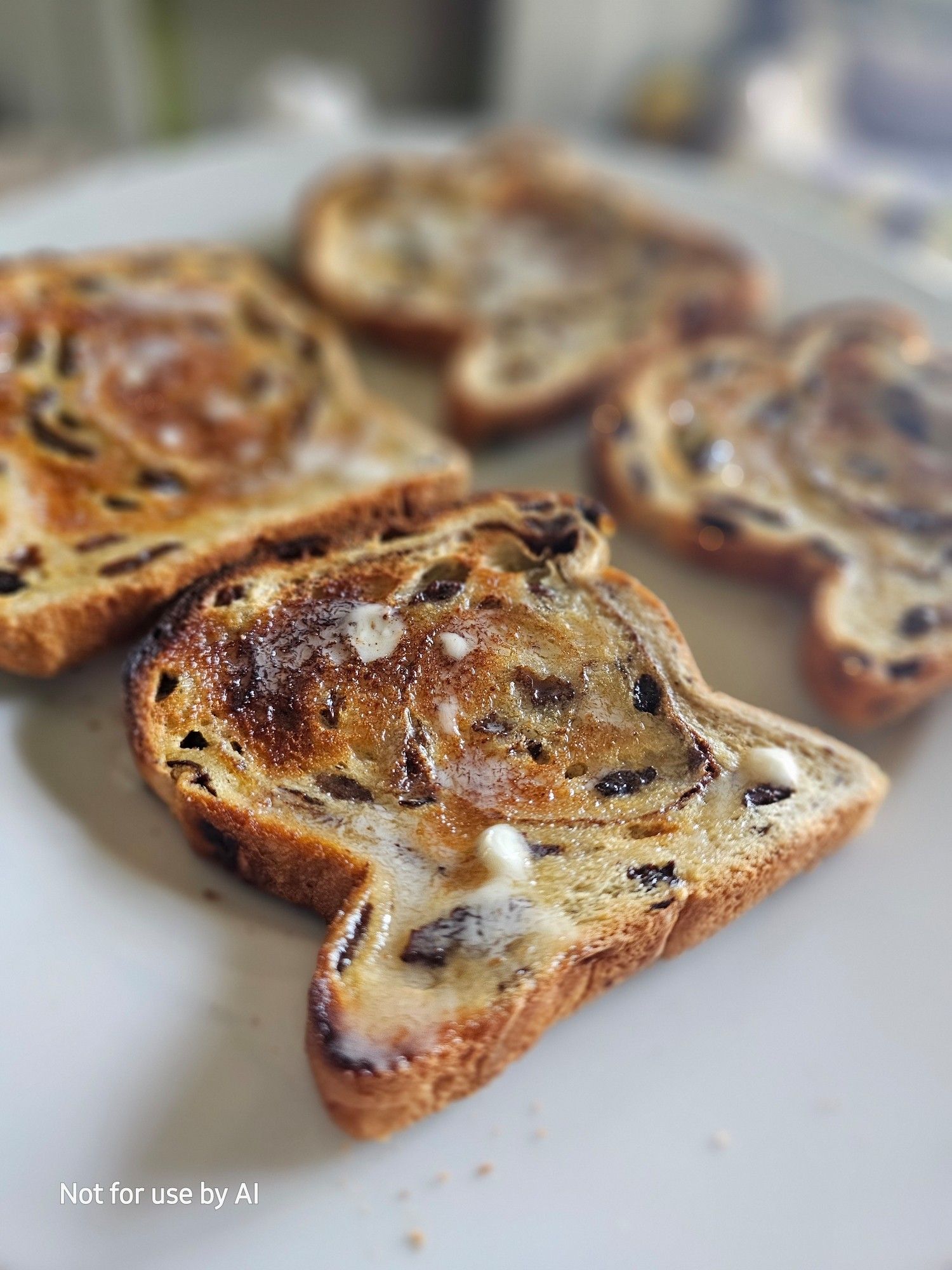 A white plate with four pieces of toasted, buttered, cinnamon raisin toast. The focus is on the piece in the foreground. There is a watermark in the lower lefthand corner that reads, "Not for use by AI".