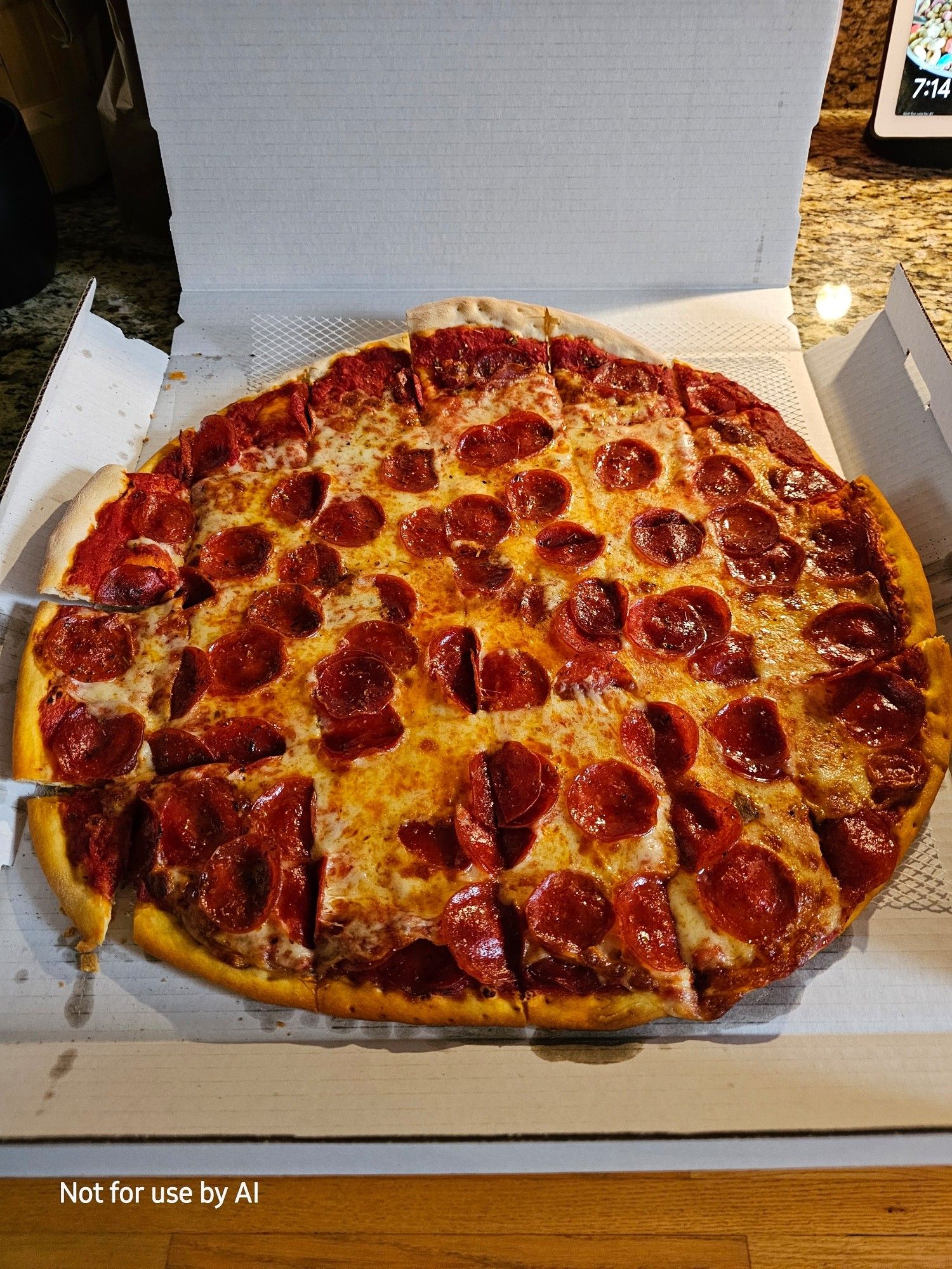 A 16-inch tavern-style pizza from J.B. Alberto's, dripping with enough grease to make a good chorizo blush. There is a watermark in the lower lefthand corner that reads, "Not for use by AI".