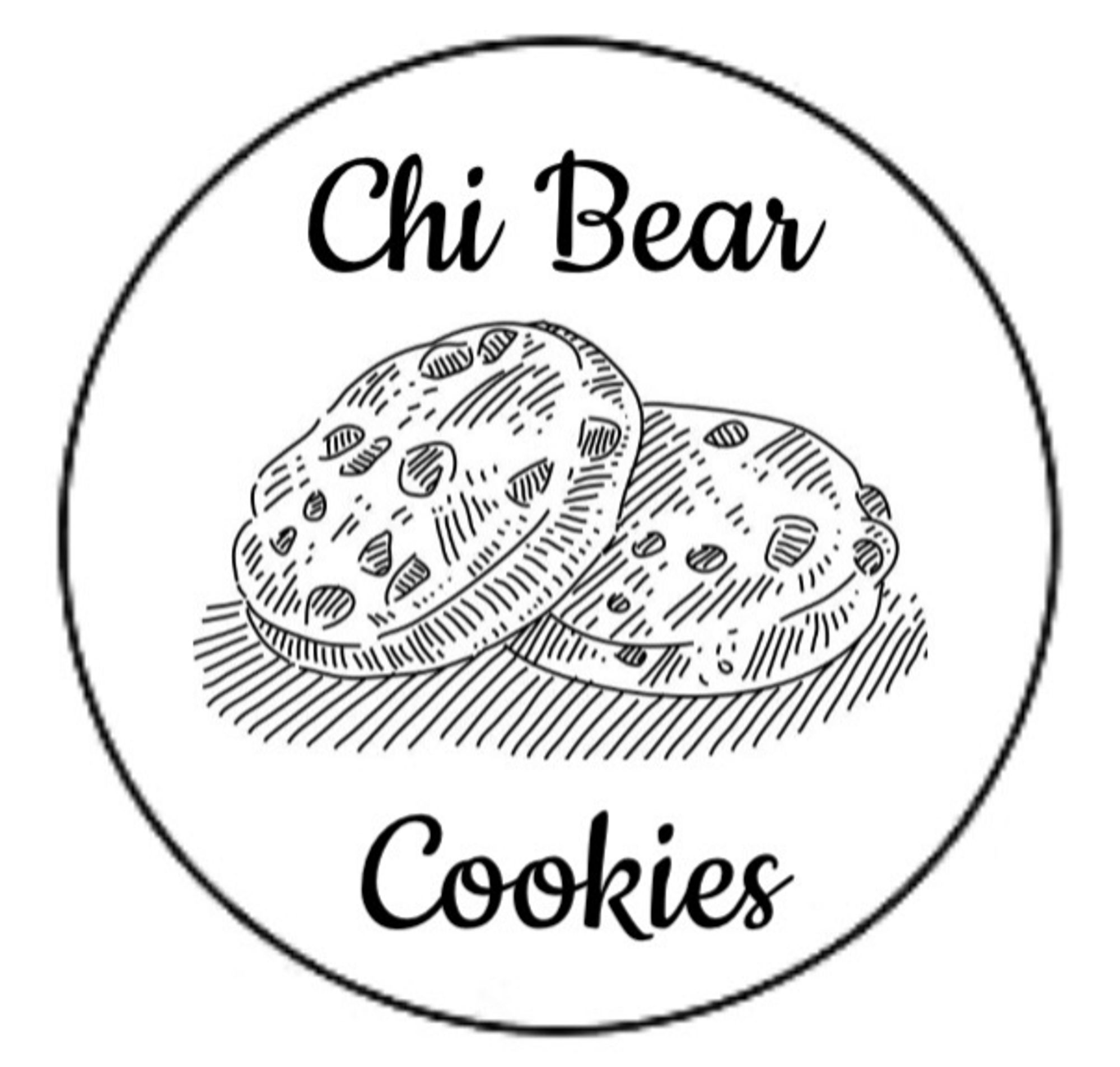 The logo for Chi Bear Cookies. The logo is black with a white background. It consists of two cookies, one laying on the other off-center. Above the cookies, it reads, "Chi Bear", and below the cookies, it reads, "Cookies". The logo is encompassed in a circle.