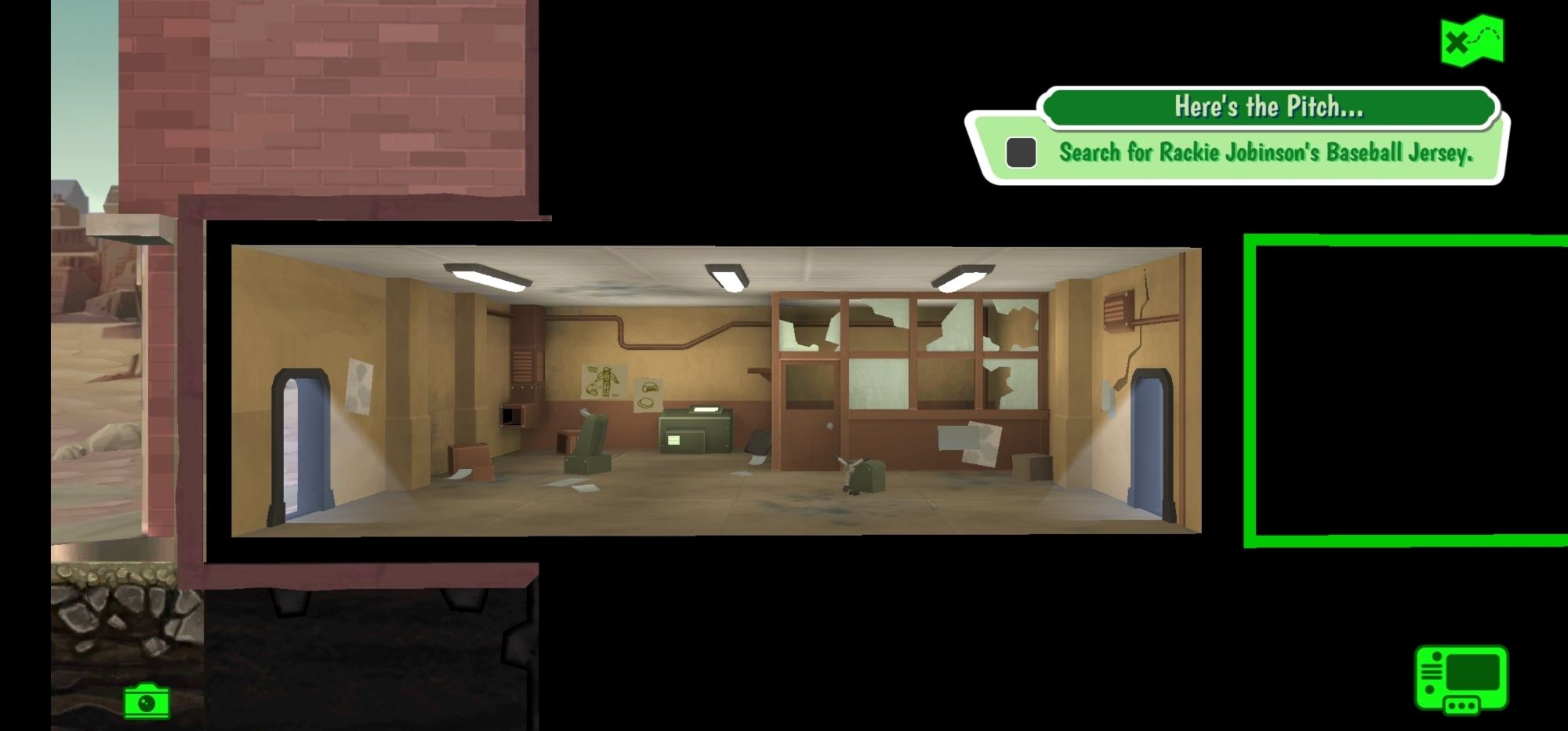 A screencap of the quest, "Here's the Pitch...", in the mobile game "Fallout Shelter", part of the quest line to find Rackie Jobinson's jersey.