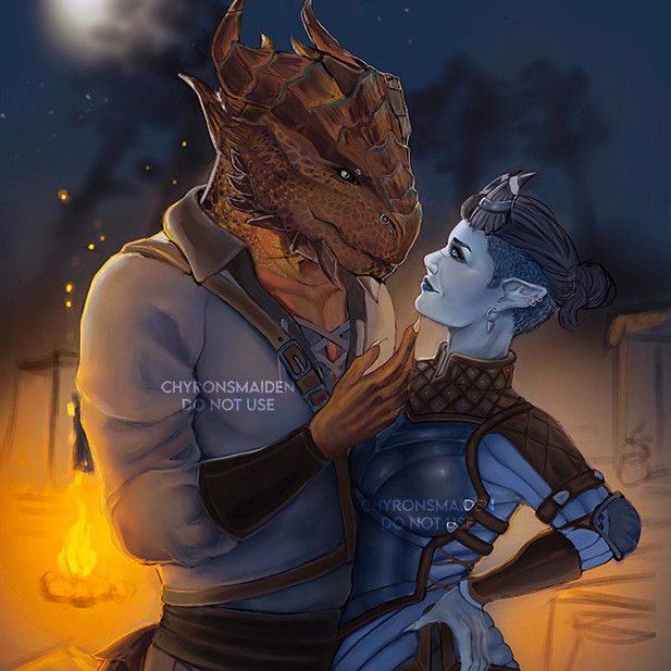 Crop of a digital illustration featuring a dragonborn man and tiefling woman, they are in an intimate embrace, looking into each other's eyes, as if about it kiss