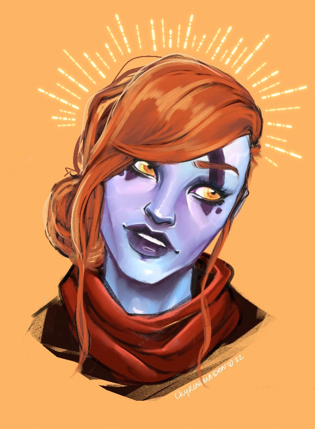 Sketchy digital painting of my Hunter from Destiny the game on a warm yellow background. She is a purple/blue woman with gold eyes and orange hair in a loose side bun.