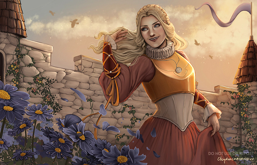 Digital illustration of a regal woman clad in a dress with a golden breastplate over the top strolling happily through a castle garden. Blue flowers blow in the wind and the sky shines the warm colors of sunset.