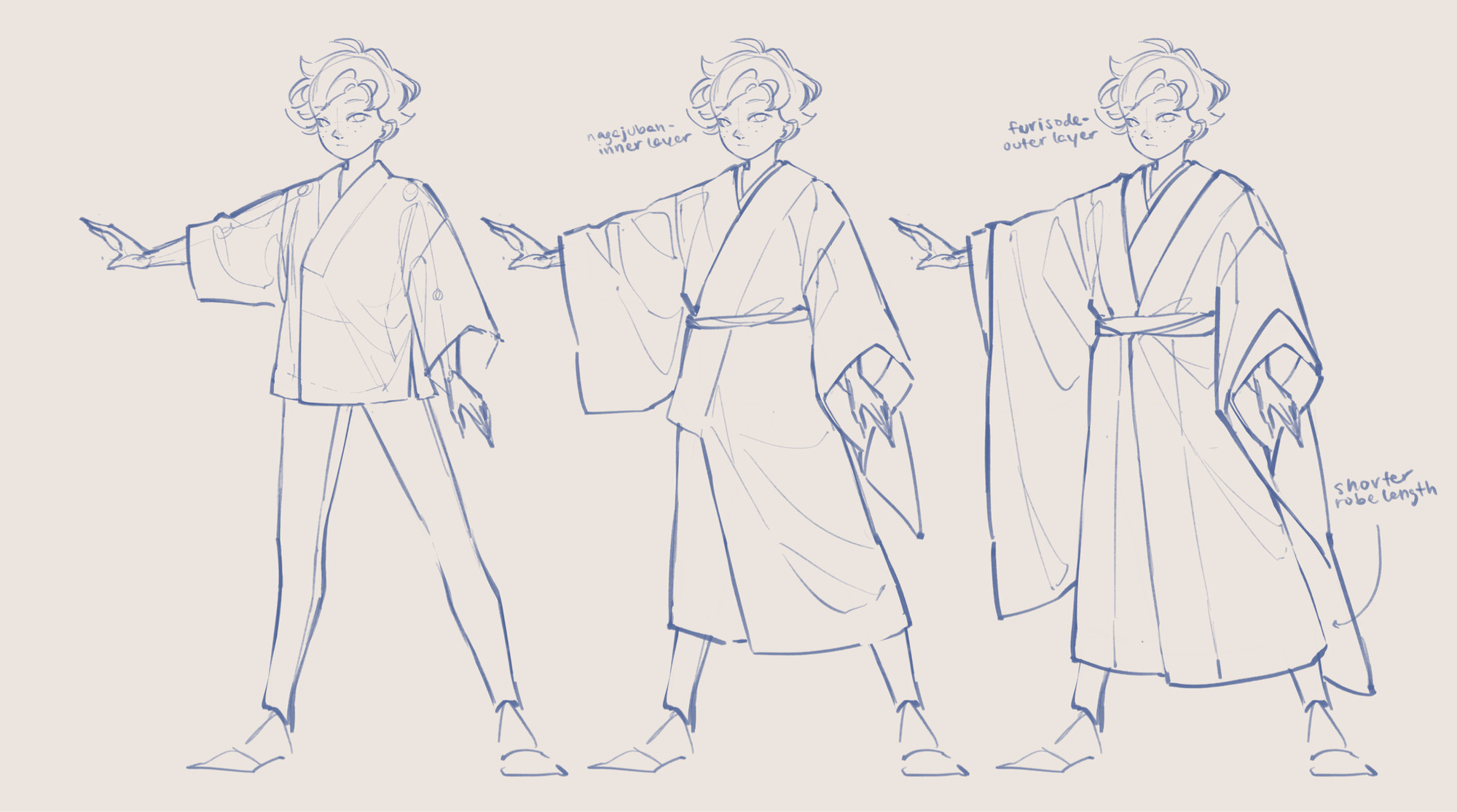 Part 1 of the outfit breakdown for Papilio, showing 3 layers: 1) a loose undergarment top and leggings, 2) a long nagajuban (kimono under-layer) shortened to mid-shin length, 3) a furisode (kimono outer layer with long sleeves) also shortened to slightly above the ankles and loosely wrapped