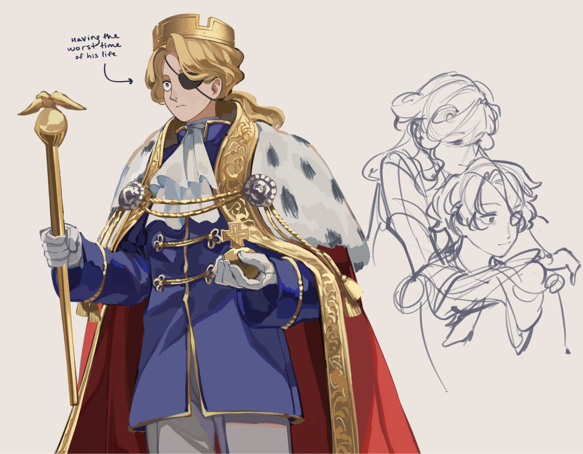 Left: fully rendered illustration of Sabo in royal regalia, holding a scepter and orb. Right: a rough sketch of princess Sarie hugging Sabo from behind. Sabo’s expression in both could be read as neutral or displeased.