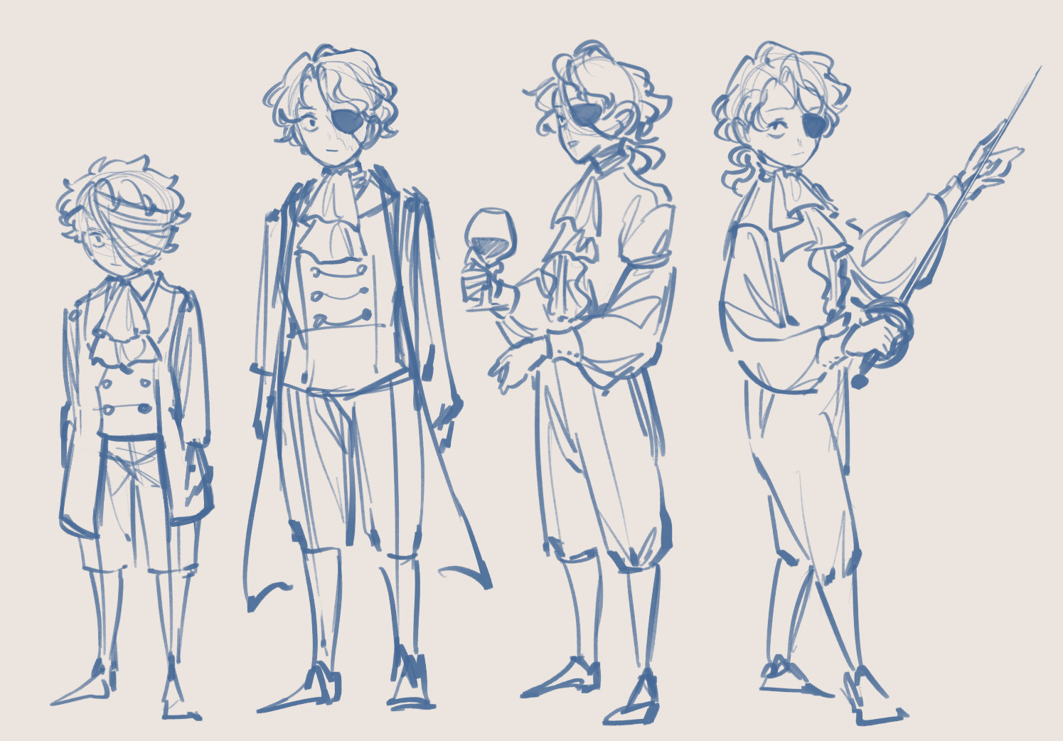 Sketches of a young to adolescent age Sabo in formal clothes. 1) half of his face is covered in bandages. 2) he has grown taller, and now wears an eyepatch. 3) he has taken off his coat, and is holding a wineglass while talking to someone. 4) in the same outfit as 3, he holds a rapier in his right hand.