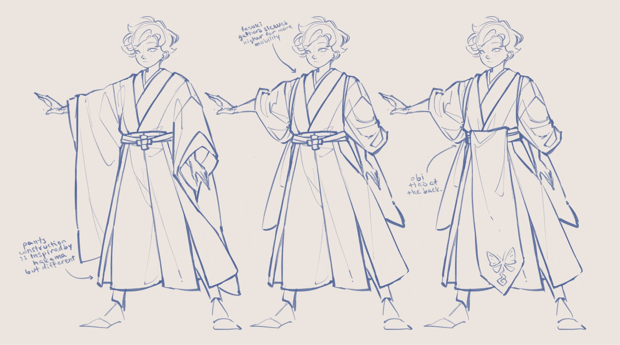 Part 2 of the outfit breakdown of Papilio, showing three layers: 1) wide-bottomed pants tied at the waist that are inspired by hakama but with fewer pleats and slits at the front of the shins, 2) tasuki used to gather the long kimono sleeves higher up on the arms, 3) an obi belt with a strip of fabric hanging from the front center of the waist to close to the ankles, with an emblem at the bottom