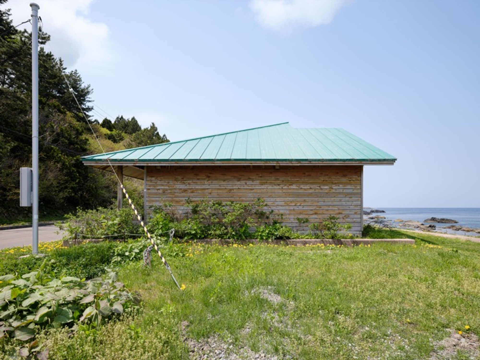 A rest stop on Route 279 from Ohma to Osorezan. The photo shows the back of the restroom, overgrown with dandelions and weeds. Captured in 2024 with the GFX100S and GF23mmF4 R LM WR. Aomori, Japan.