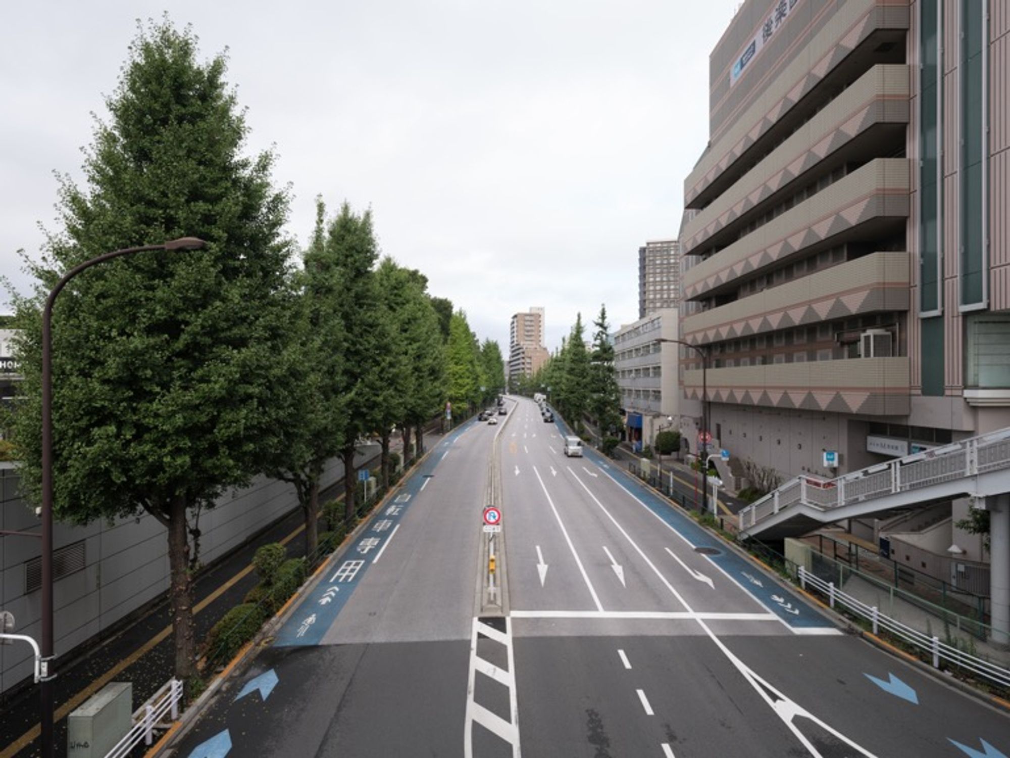 There are street trees on one side of the intersection and a building opposite. This image was captured using the GFX100S camera, equipped with the GF23mmF4 R LM WR lens (wide-angle prime lens).