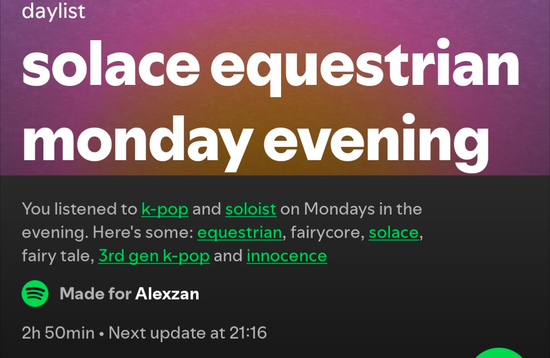 A screenshot from the daily Spotify mix suggesting some genres such as k-pop, equestrian, fairycore and solace.