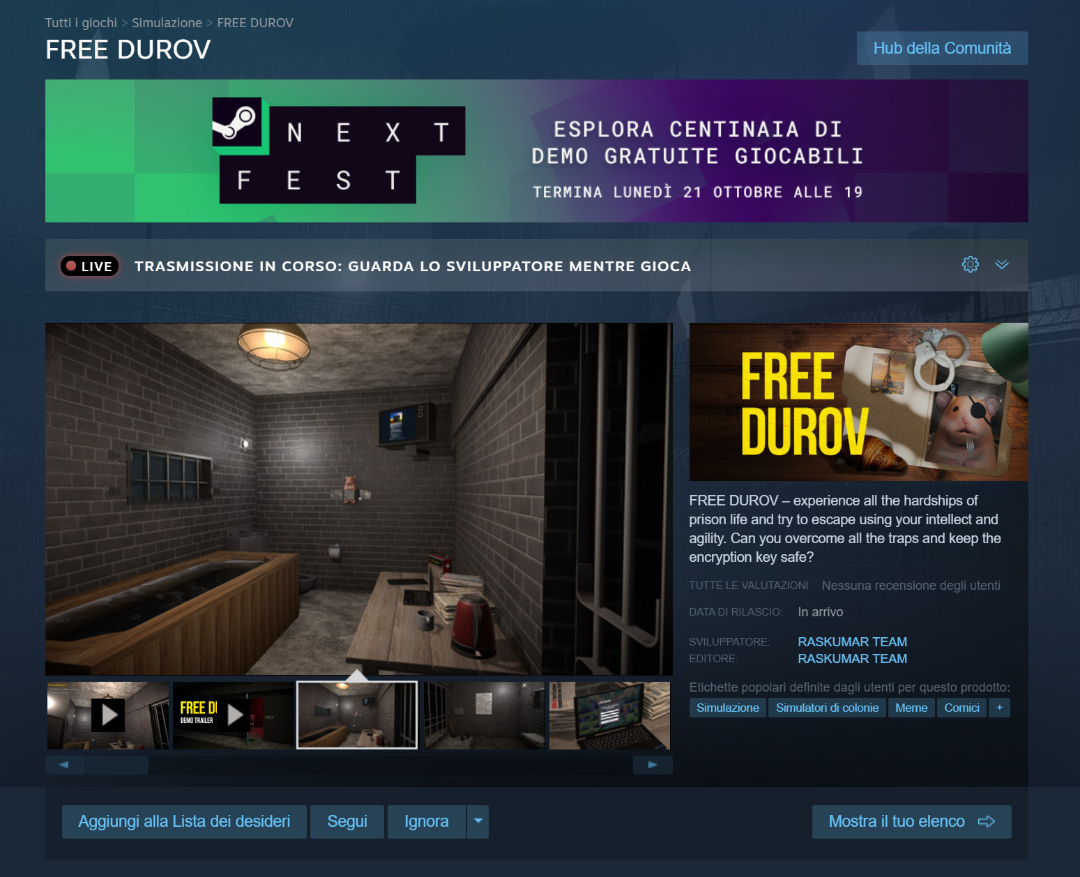 A screenshot that shows the Italian Steam page for the game Free Durov.