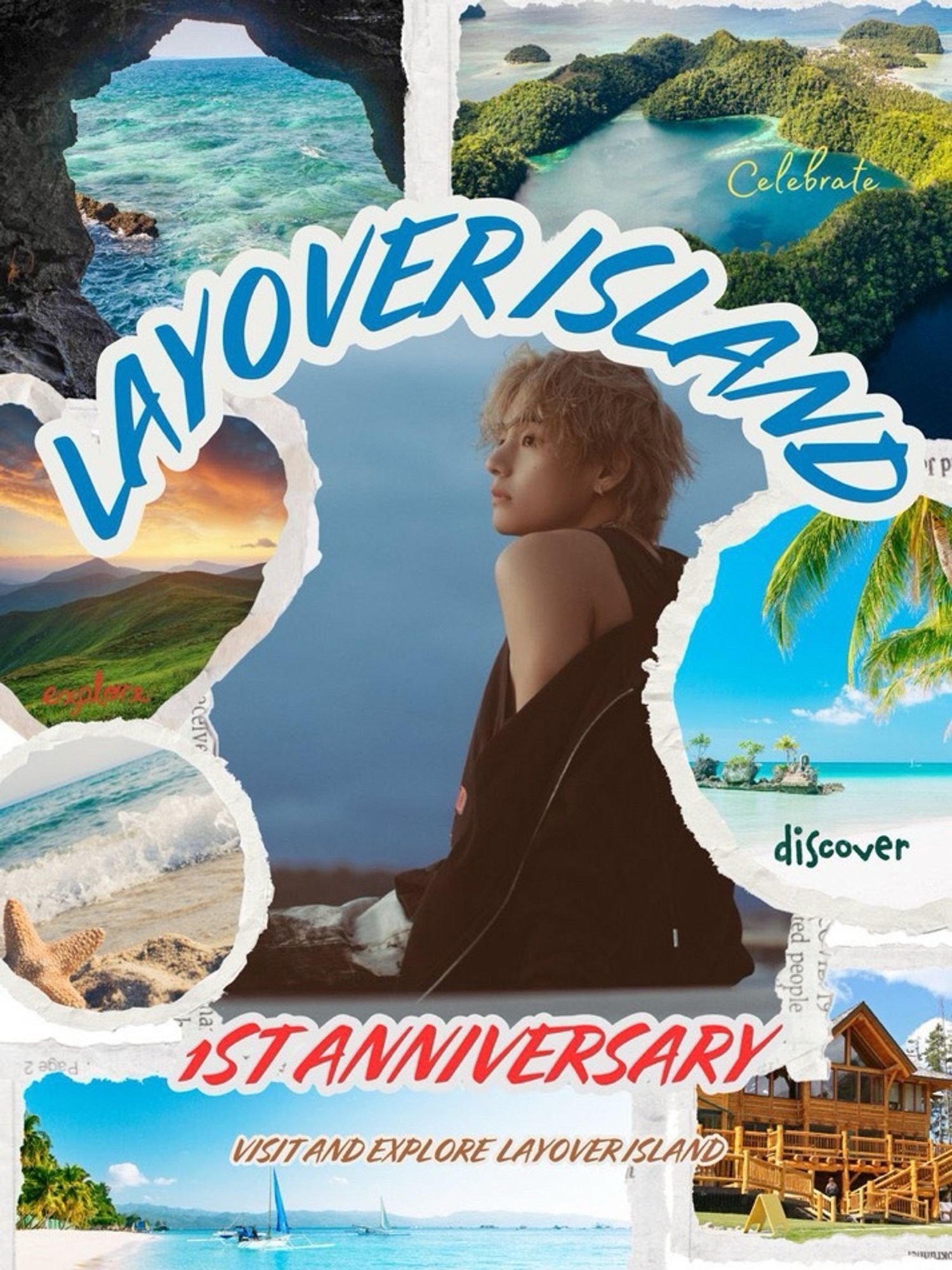 Promo image for ARMYon Layover Island 1Year album anniversary event. Picture has V in the middle a Layover concept photo with him on the beach and around are several island/resort looking destinations. Text on the poster says 'Layover Island 1st Anniversary Visit and Explore Layover Island.'