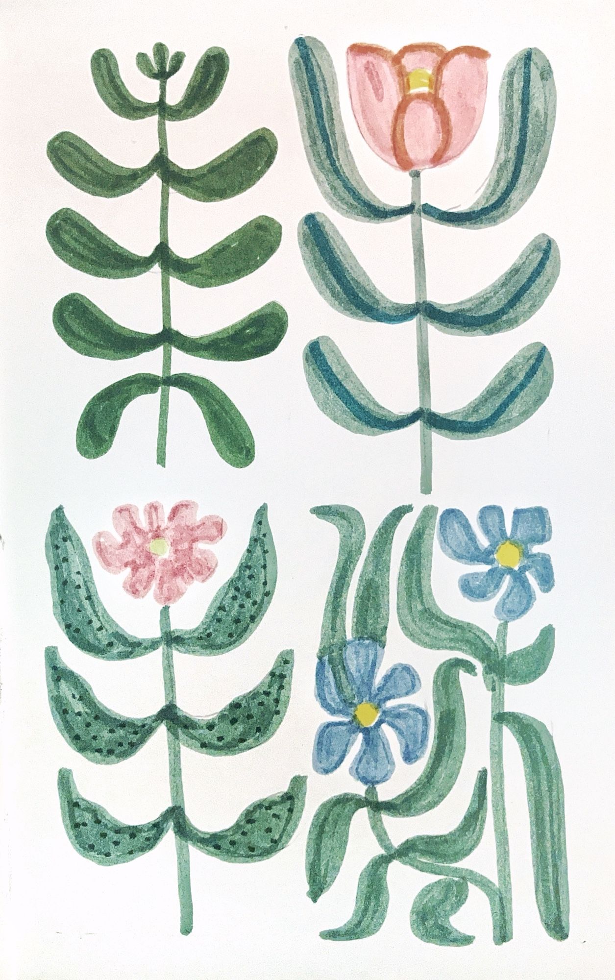 A watercolor painting with four stylized flowers in pink, blue, and green. The simple, symmetrical design has a folk-art, Scandinavian feel.


Una pintura en acuarela con cuatro flores estilizadas en tonos rosados, azules y verdes. El diseño simple y simétrico tiene una estética de arte popular o escandinavo.