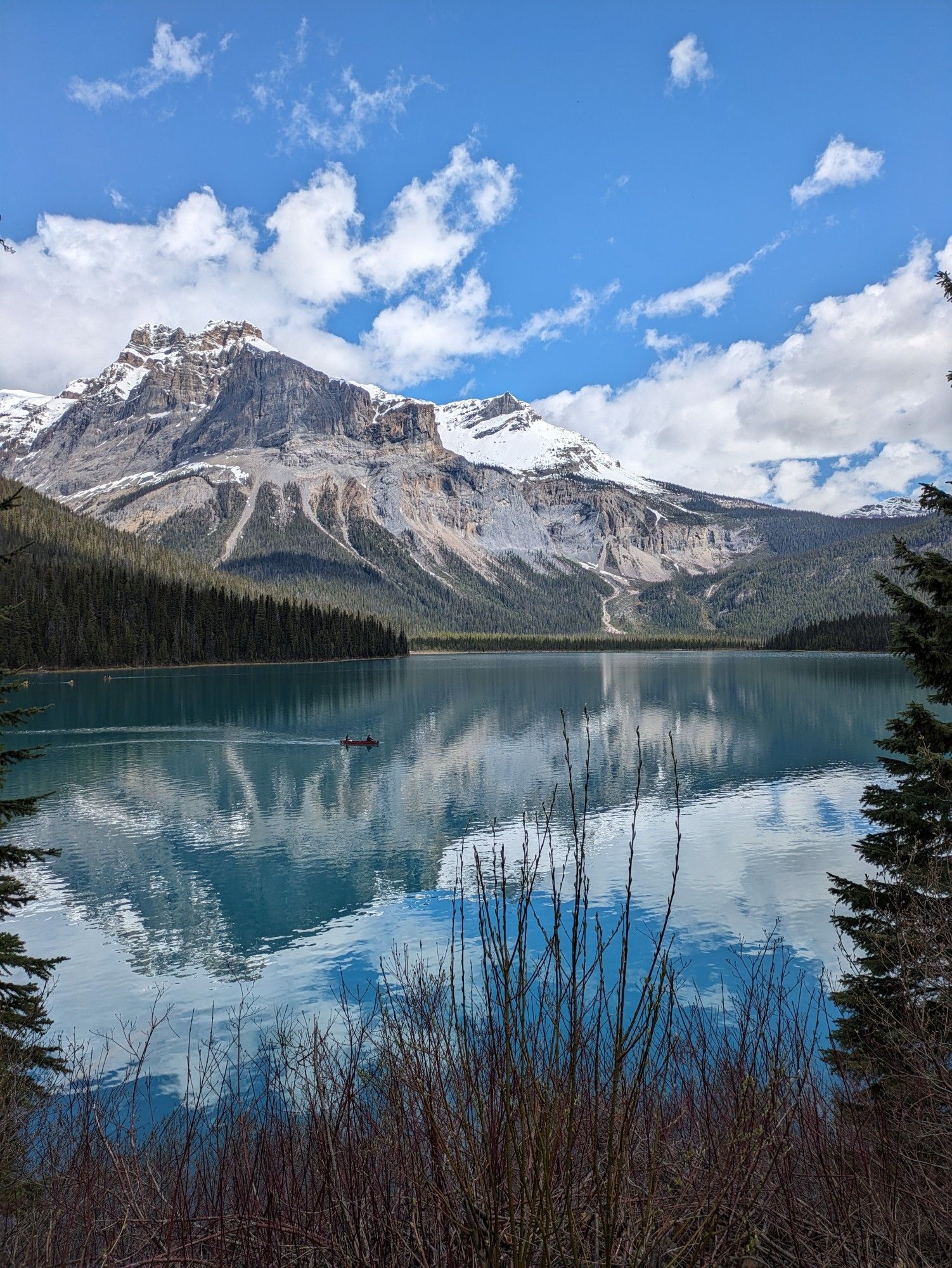 A scenic view of Emerald Lake in British Columbia, BC, Canada. The mountain peak in the background is covered in snow and a single red canoe drifts across the lake. The blue sky, scattered with clouds, is reflected in the greenish water. There are reeds and pine trees in the foreground of the photo.