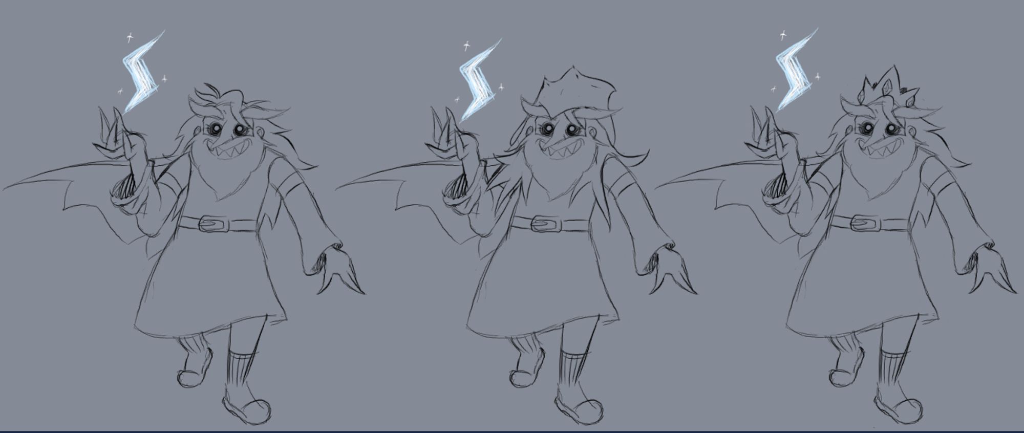 three line sketches of a man with a long bushy beard, messy hair, and sunken eyes. A smile is on his face and he is conjuring a lightning bolt of ice in his right hand. He is wearing a torn cape, a dress with long sleeves, socks, and slippers. The first doodle has no additional aspects. In the second, he is wearing a hood which is being stretched on the top by the crown hidden underneath. In the third, he is wearing the Ice King's crown without the hood over it.