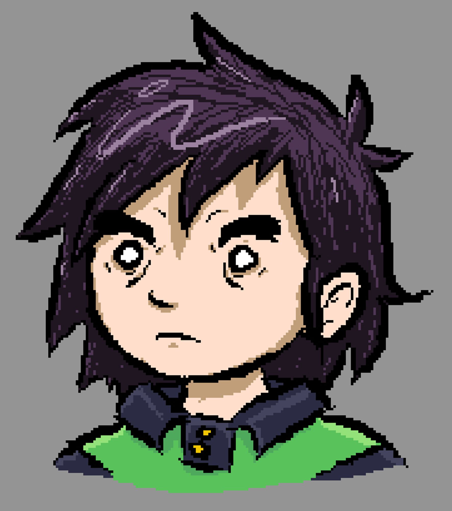 A closeup pixelated drawing of a slightly frowning kid. He has wrinkles and dark circles around his eyes, which are colored in white and topped with two slightly furrowed bushy eyebrows. His hair is shoulder length, black, messy, and somewhat shiny and he has a button nose. He is wearing a green and black striped shirt with a collar. The drawing cuts off at the shoulders.