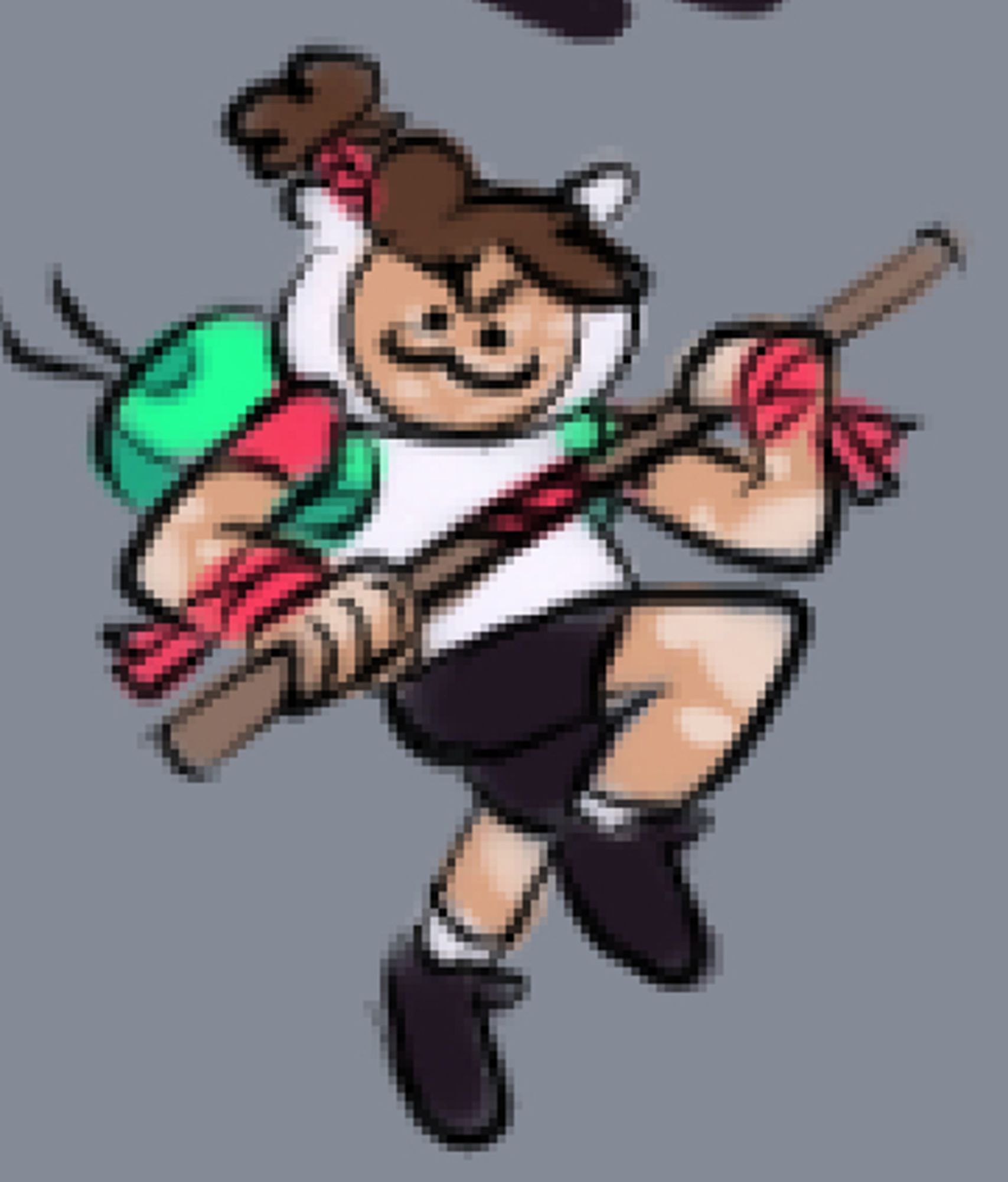 a colored doodle of a kid holding a bo staff in a "mario jump" pose. the kid is dressed as finn from adventure time but with a white shirt with red sleeves, black shorts, and the addition of red bandages around their hands. their skin is tan with light spots on the face, elbows, and knuckles. brown hair sticks out of the top front of the hat and a high bun emerges from the back. their expression is identical to the "colon three" face, which resembles a cat smiling, but with angry eyebrows.