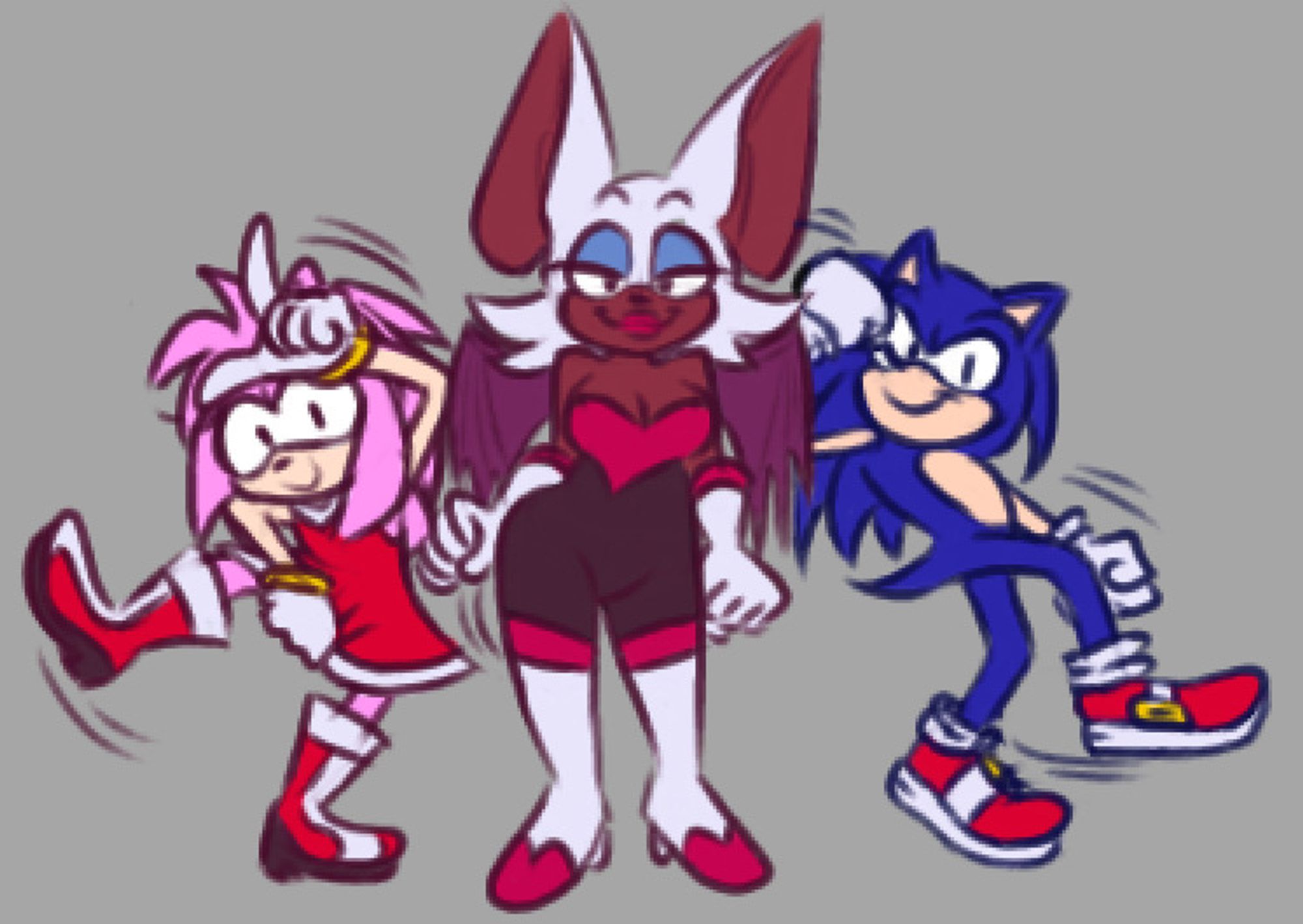 Amy Rose, Rouge the Bat, and Sonic the Hedgehog stand beside one another. Amy performs the Take the L Dance Fortnite emote. Rouge performs the Party Hips Fortnite emote. Sonic performs the Hype Dance Fortnite emote.