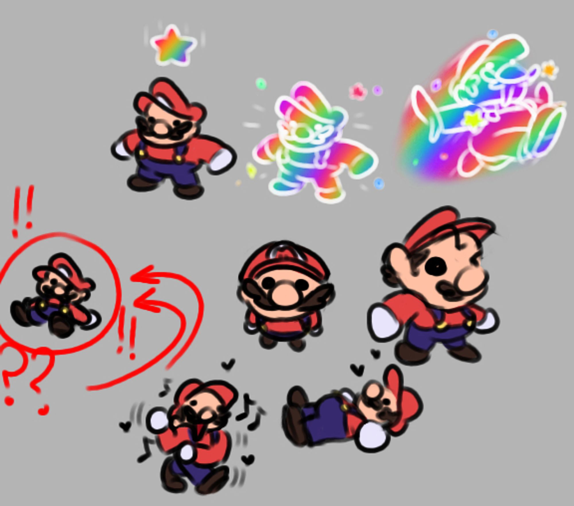 Several simple colored doodles of Super Mario, albeit smaller with dot eyes and with somewhat of a silly aura about him.
The top three depict him standing in place as a rainbow star drops onto him, and then him running in Rainbow Mario form.
The far left depicts him sitting on the floor with a red circle around him and several arrows, question marks, and exclamation marks around him.
The center two depict Mario simply staring blank-eyed at the viewer as viewed from above, and then performing Dwayne Johnson's signature eyebrow raise.
The bottom left shows him dancing with several music notes and hearts surrounding him.
The bottom right shows him lying on his back with his arms at his side.