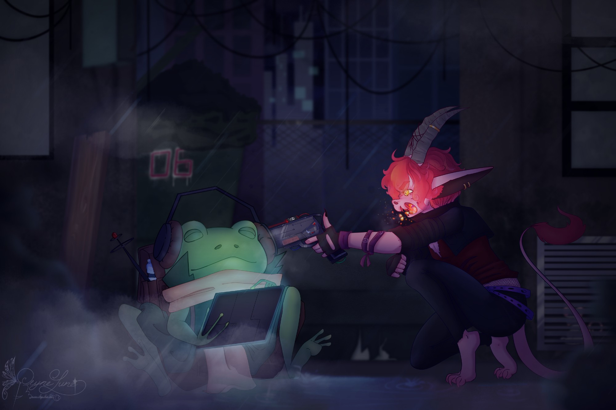 frog being threatened by a little gremlin Tiefling with a gun, the frog is uninterested and keeps listening to music and vibing :))