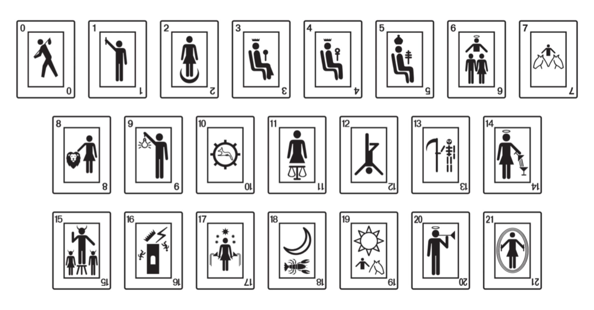 Minimalist glyph designs representing each of the 22 major arcana cards usually present in esoteric tarot decks