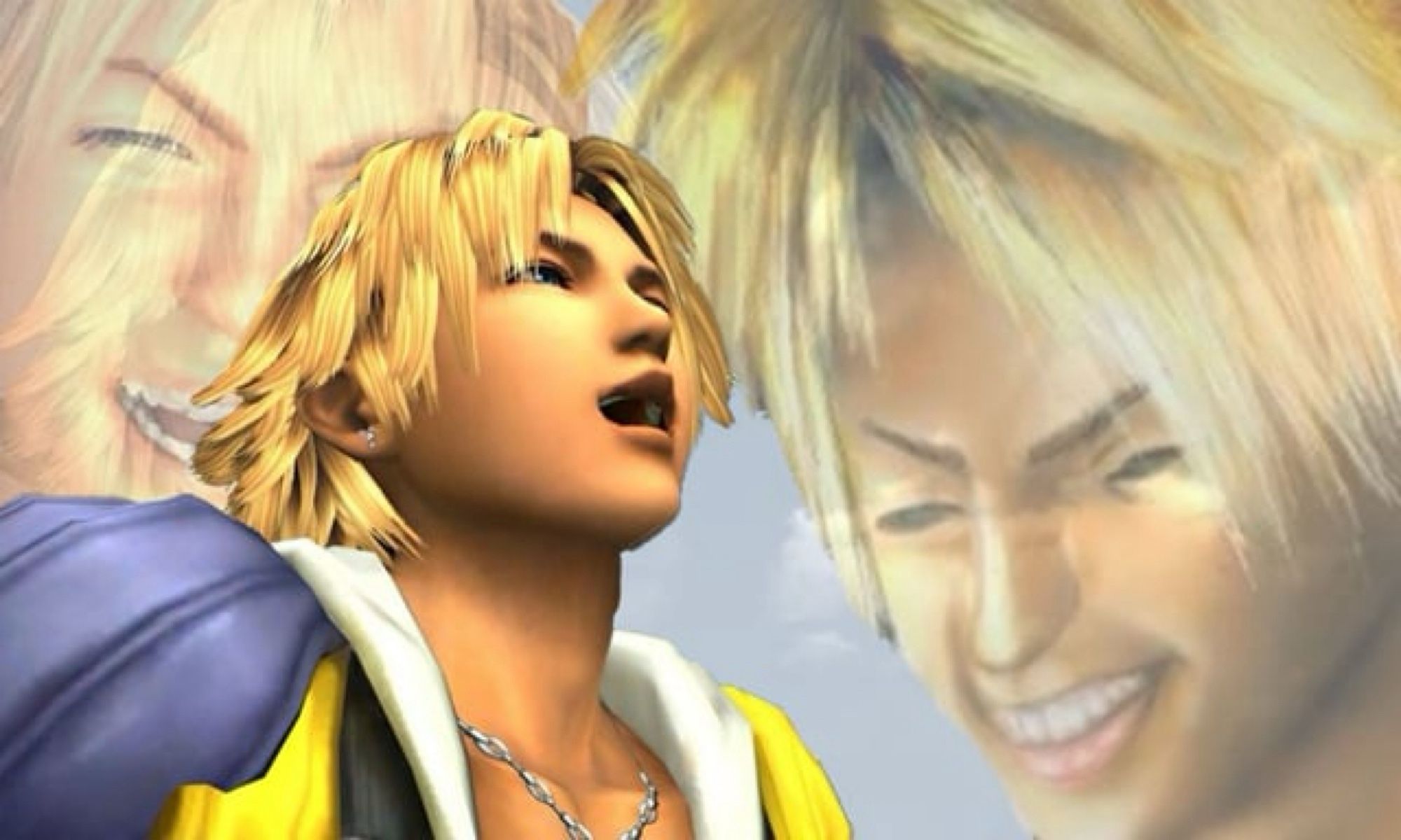 The famous Tidus laughing scene from FFX, with superimposed exaggerated Tidus faces