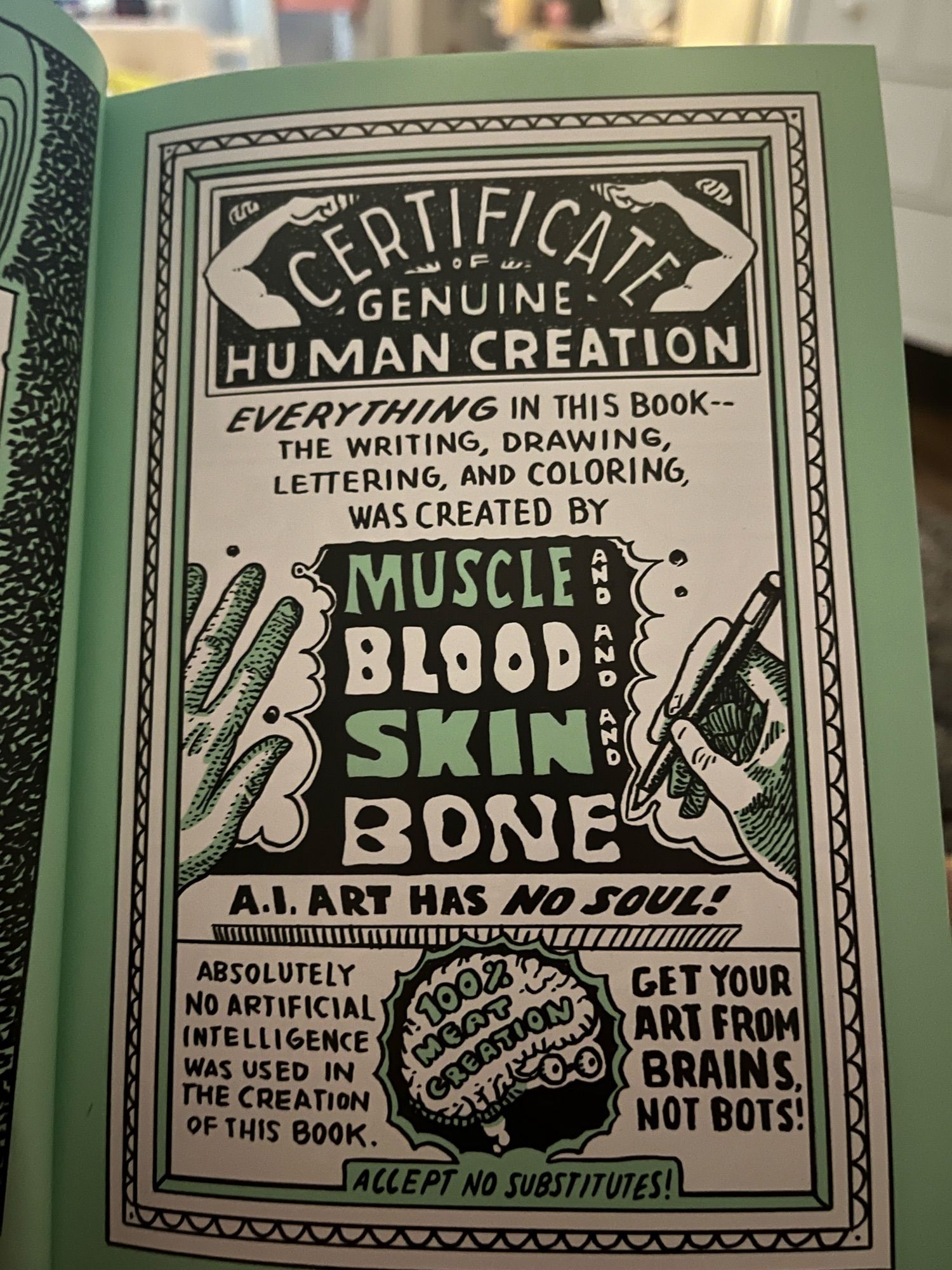 The certificate at the beginning of the new Mighty Bite book by Nathan Hale certifying no use of AI art to create the book