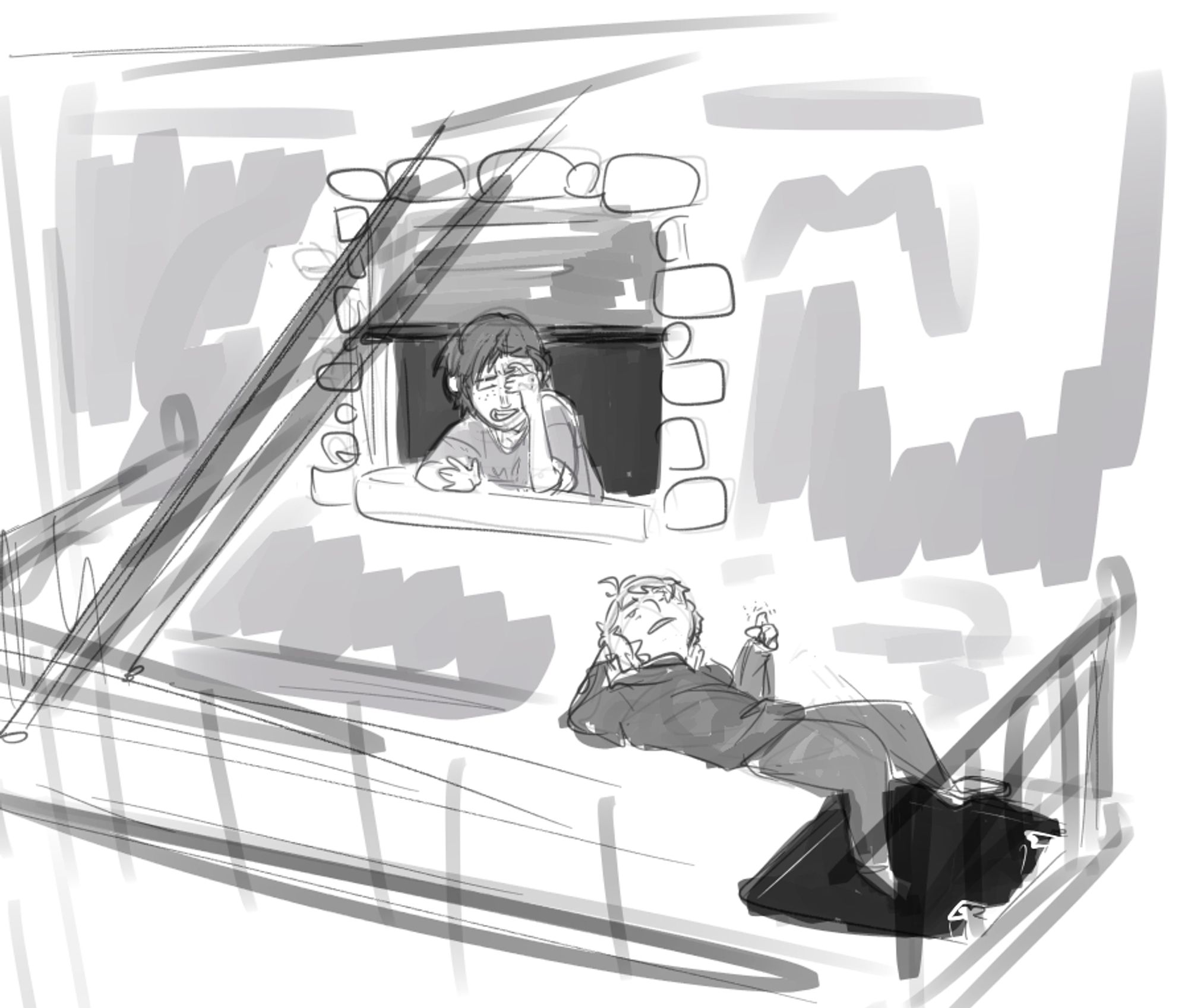 Digital sketch of Ren (a pale, dark-haired woman) leaning out of her window to talk to her friend Tapps (scruffy, probably a hobo) on the fire escape. She is irritated about something and he listens to her vent.