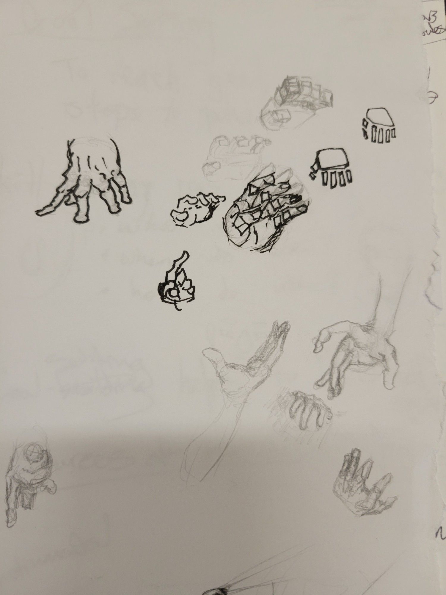 Additional studies in pencil and ink of hands making gestures from different angles.