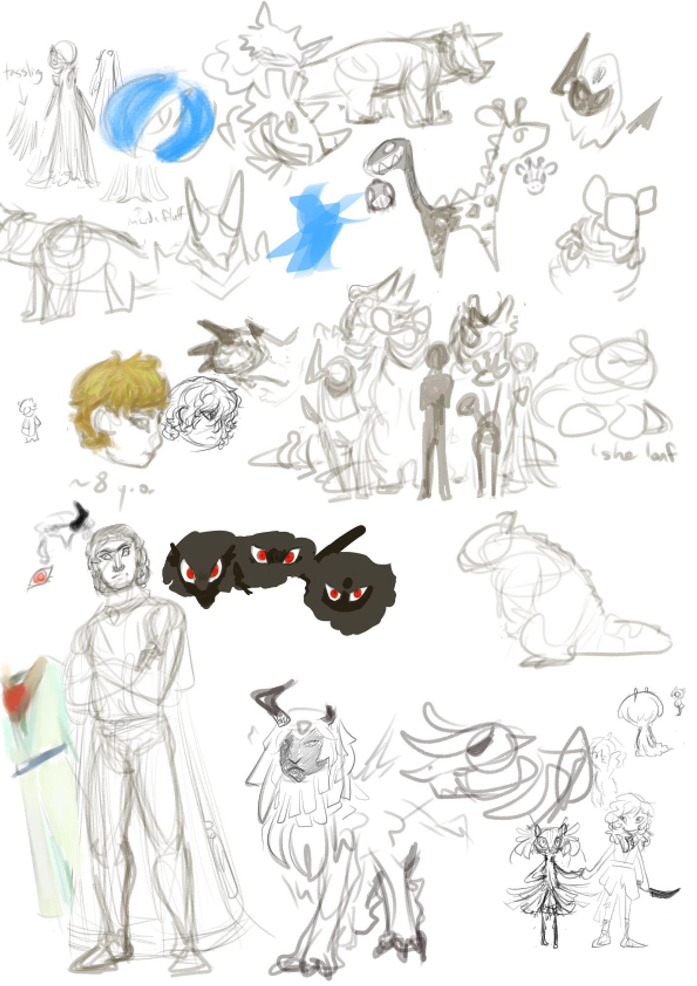 An assortment of rough digital sketches of pokemon and their trainer. There are gardevoir, rhydon, absol, aggron, girafarig, and kangaskhan. 
Color tests suggest the gardevoir is a shiny pokemon and that the trainer has red eyes and sandy blonde hair.