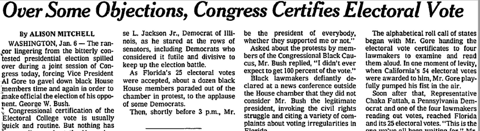 Snip of page 1 NYTimes story from Jan 7, 2001, with the headline "Over Some Objections, Congress Certifies Electoral Vote"