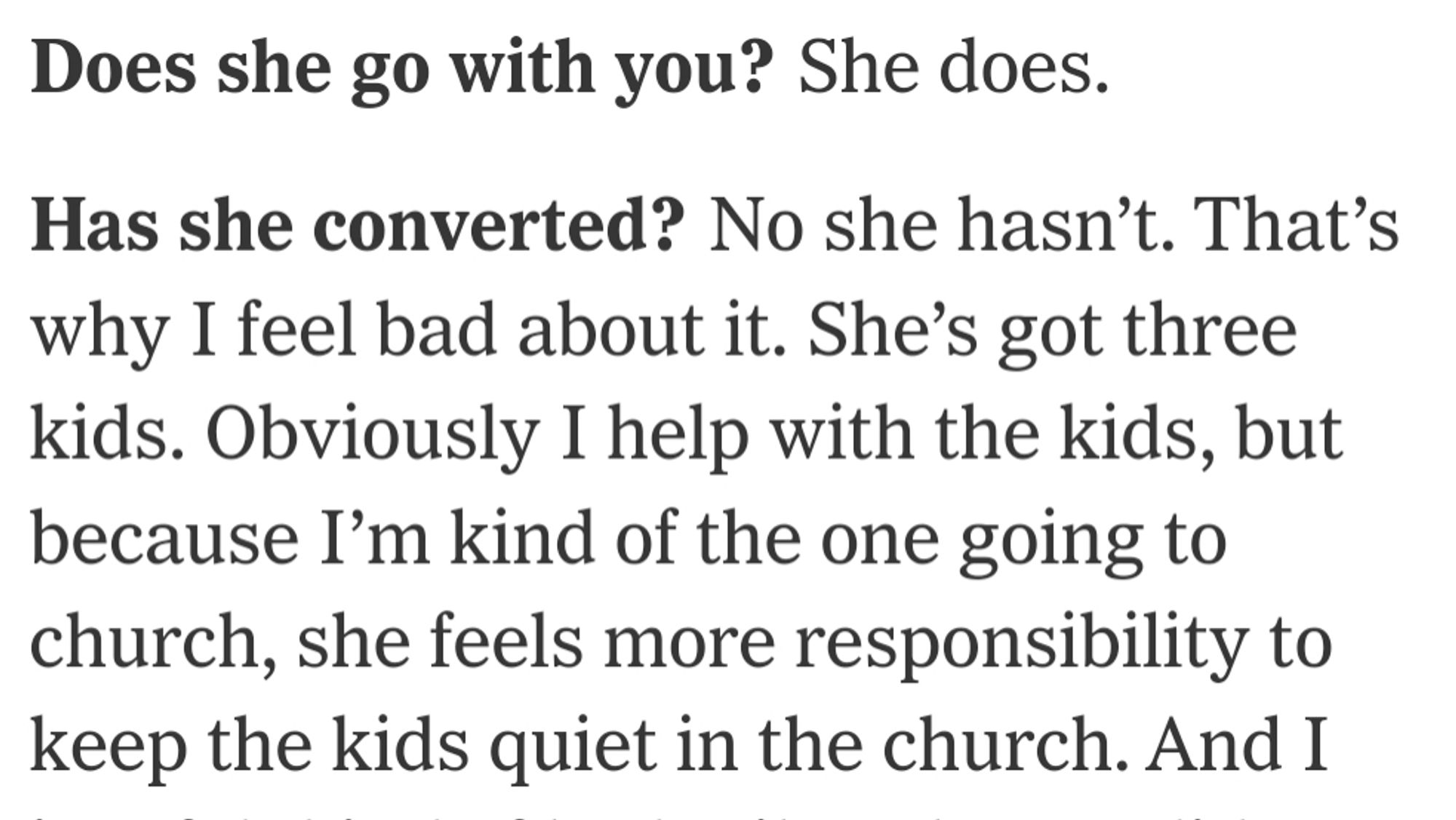 Snip of JD Vance interview. He explains that his wife has not converted to Catholicism, and that at church, she feels more responsibility to keep the kids quiet