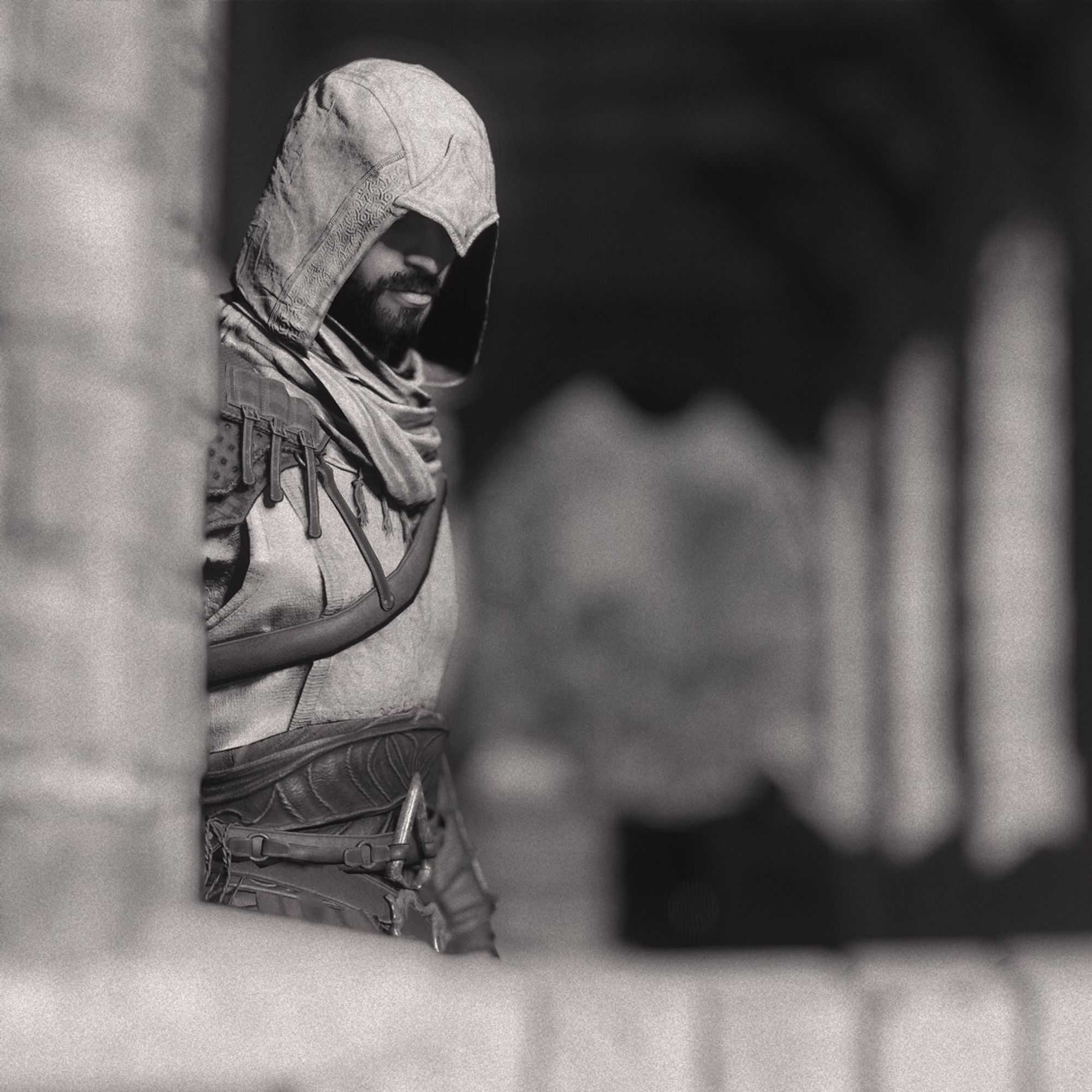 Black and white. Basim watches from a balcony.