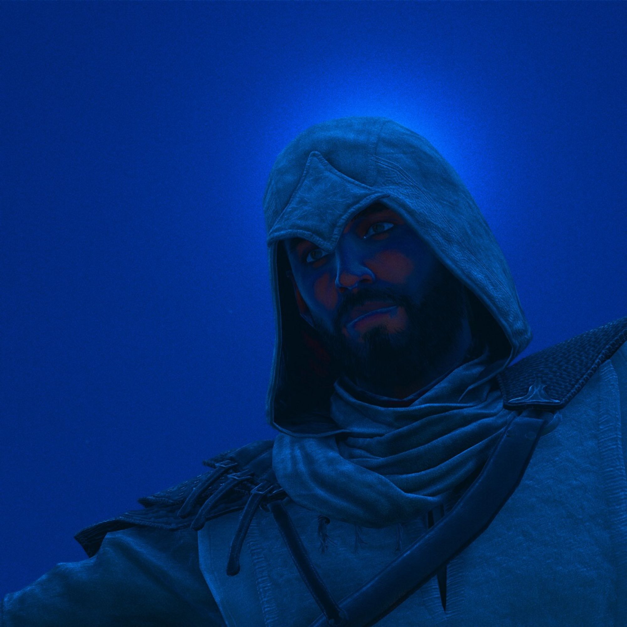 Looking up at Master Assassin Basim at night, the glow of the moon giving him a blue halo in the night.