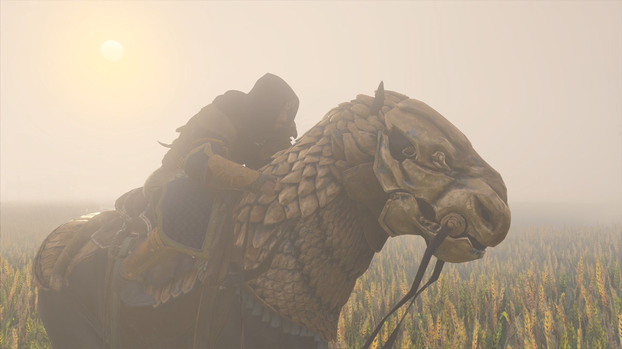 In morning mist, Basim races on horseback. His horse is clad in think lion-themed armour.