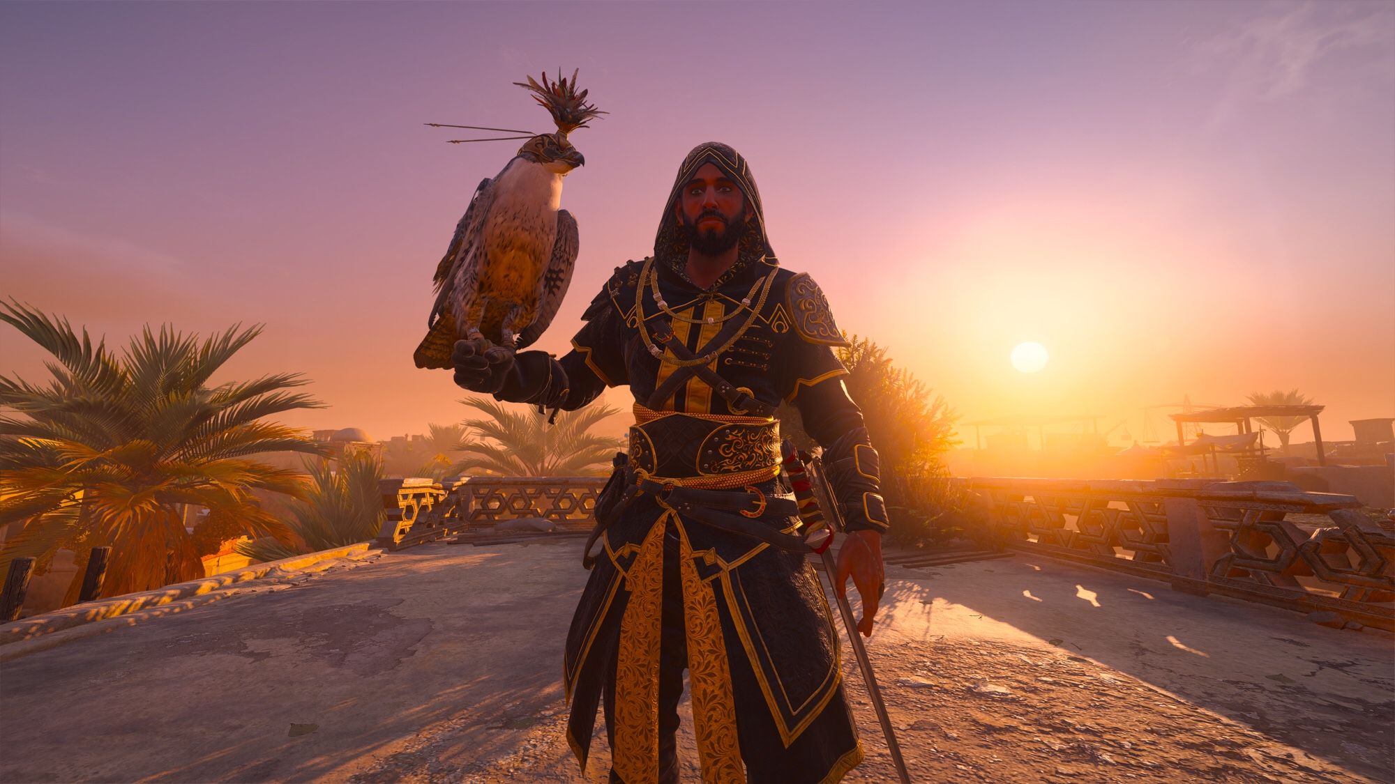 Golden hour, purple sunset, Black and gold robes Basim with Shabaz skin for Enkidu, on his arm. Eagle has a leather headdress topped with feathers. Wide perspective, fairy-tale mood.