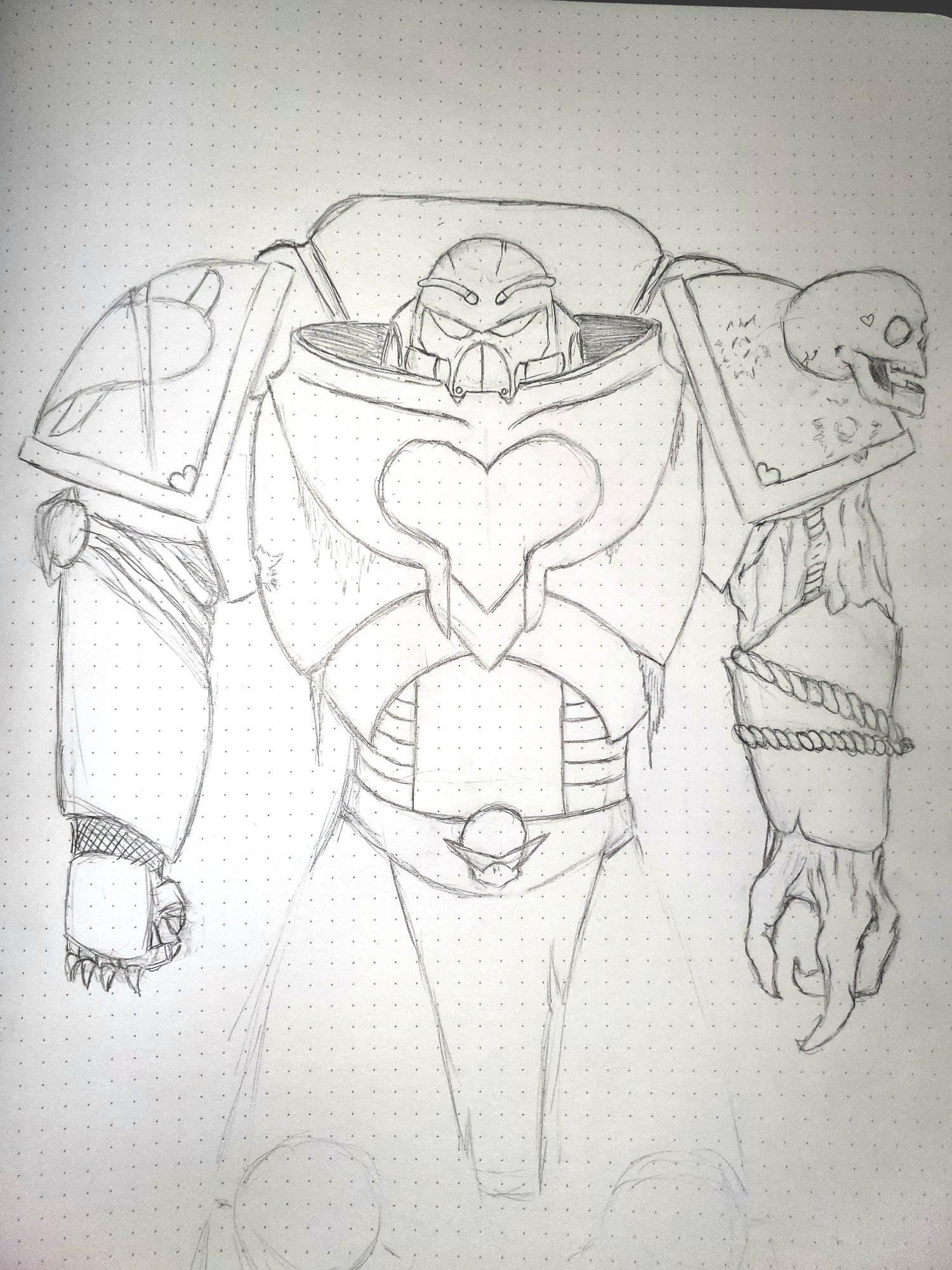 A space marine. It's chest is marked with a heart, set withing accented armor. One Paulson is marked similarly with "chapter" markings, while the other has a skull set and has projectile damage. This arm is also twisted and corrupted, no longer encased in the armor. A simple belt is marked with a small skull with (oddly familiar) overly large triangular lenses. The helmet is mostly traditional, with attachments resembling a certain slug's antennae.