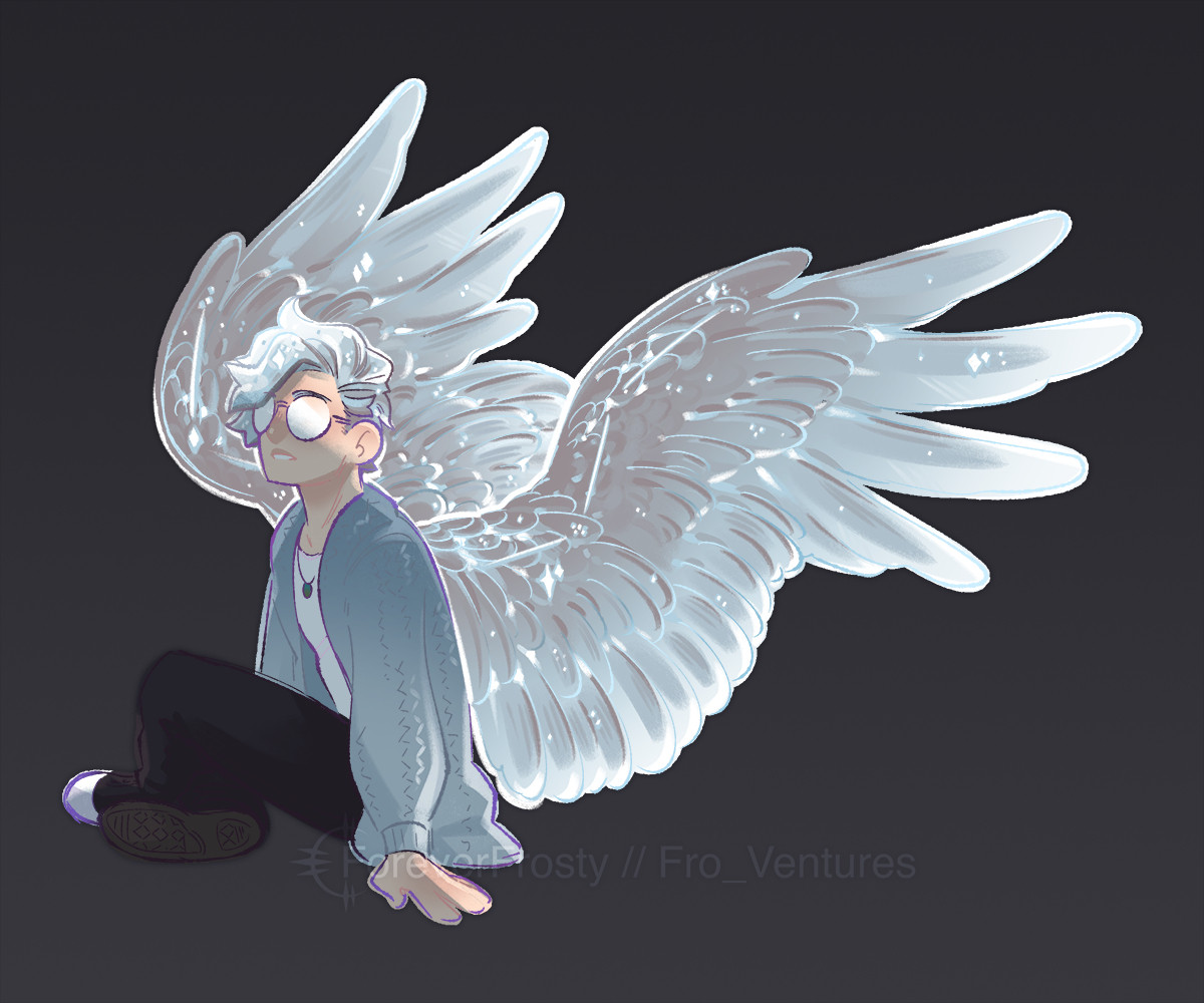 Experimental sketch of my oc, Elias, sitting (looking left) with soft starry wings extending from their back. Wings have a slight glow effect to them with starry constellations dotted around.