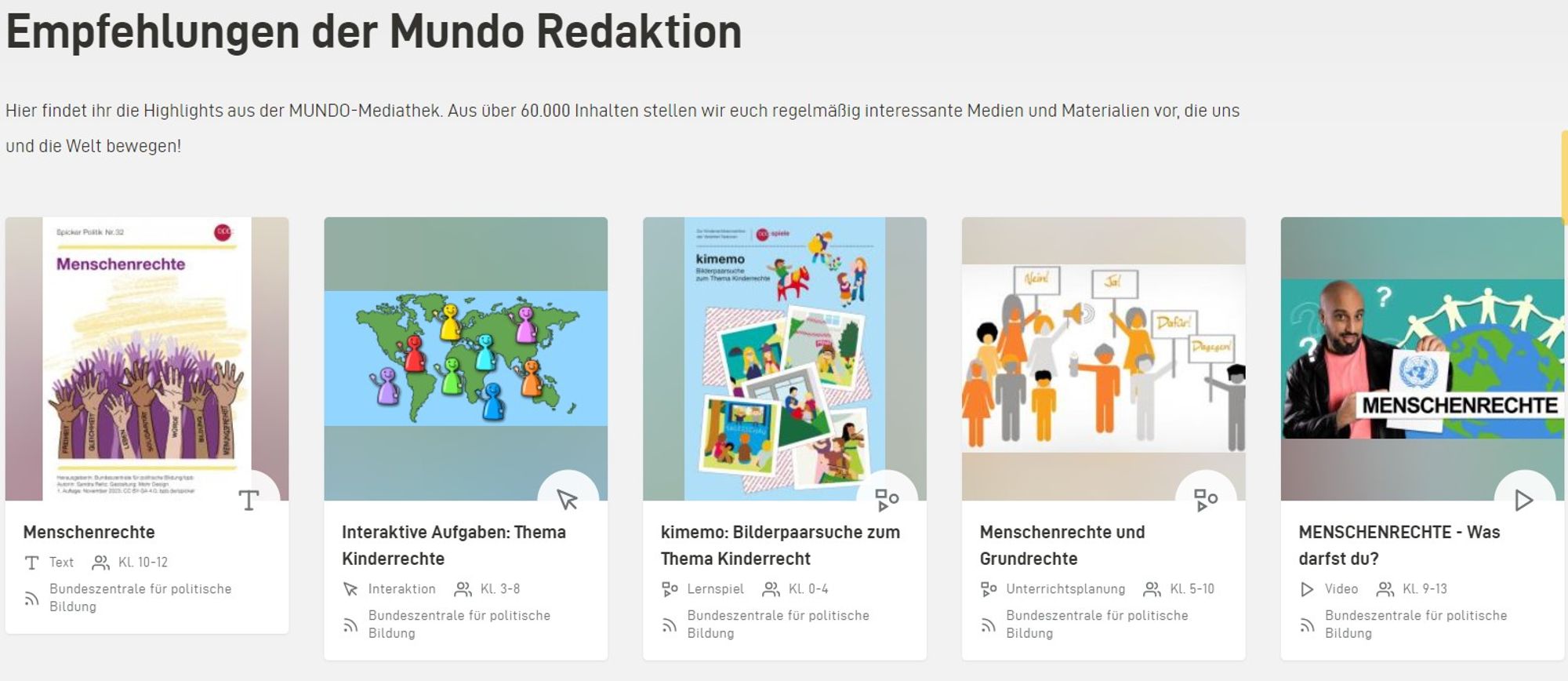 Screenshot MUNDO Unterrichtsmaterialien Thema Menschenrechte