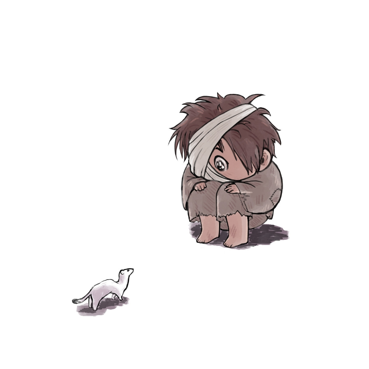 a digital drawing in watercolor style. it depicts honghong-er meeting a tiny stoat. he is sitting on the ground in front of the stoat and looking at him with admiration.