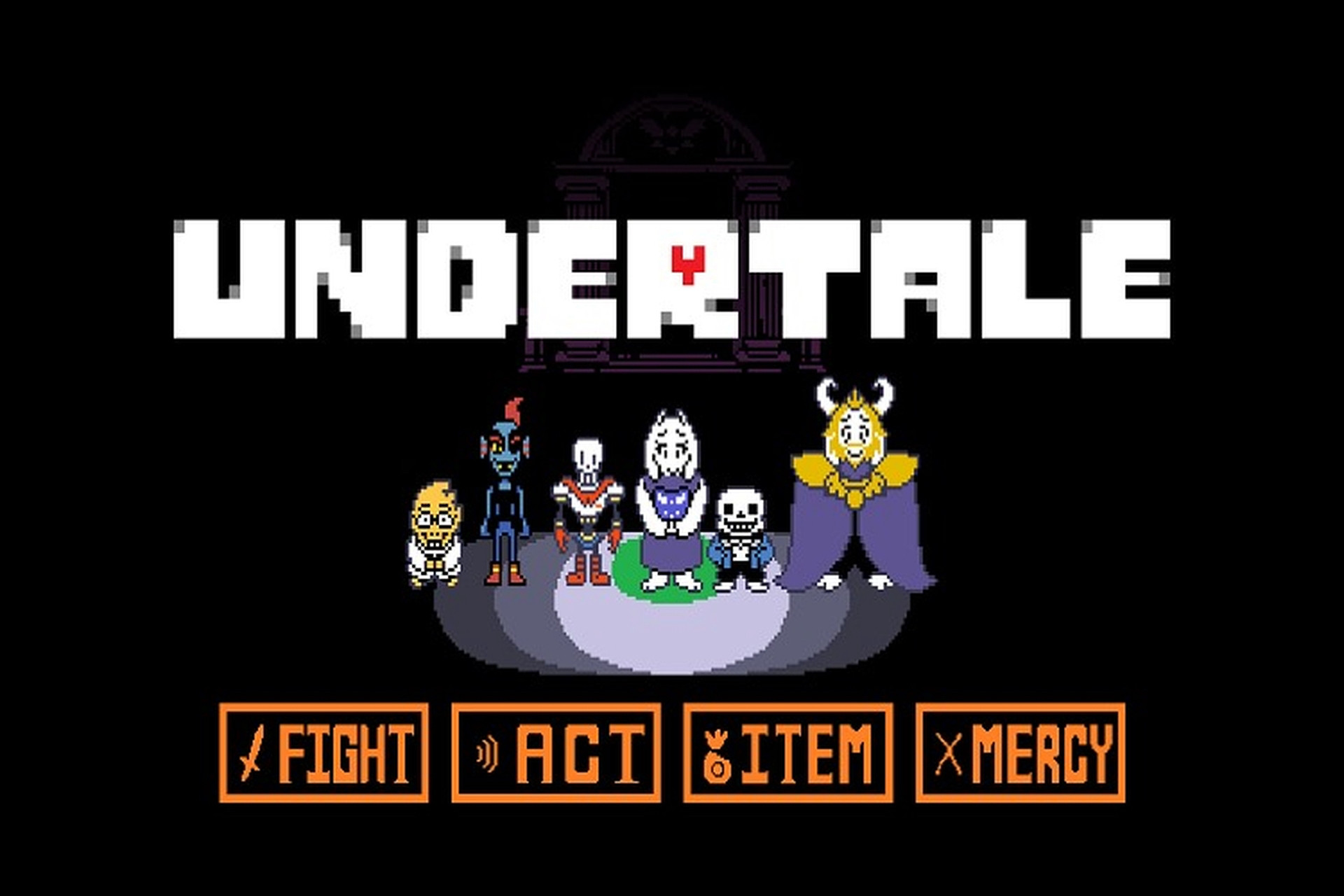 An image with the Undertale logo at the top. A lineup of the game’s characters stand underneath the logo. Underneath the characters are the four UI buttons from the game’s combat encounters.