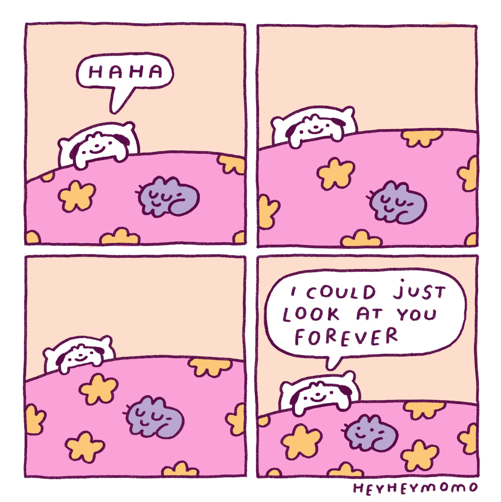 4 panel momo comic:
Panel 1: momo is in his bed and there’s a tiny black kitty on his sheets. He just goes ‘haha’
Panel 2-3: he just stares at the kitty, saying nothing.
Panel 4: finally, the cat has opened their eyes and momo says “I could just look at you forever”