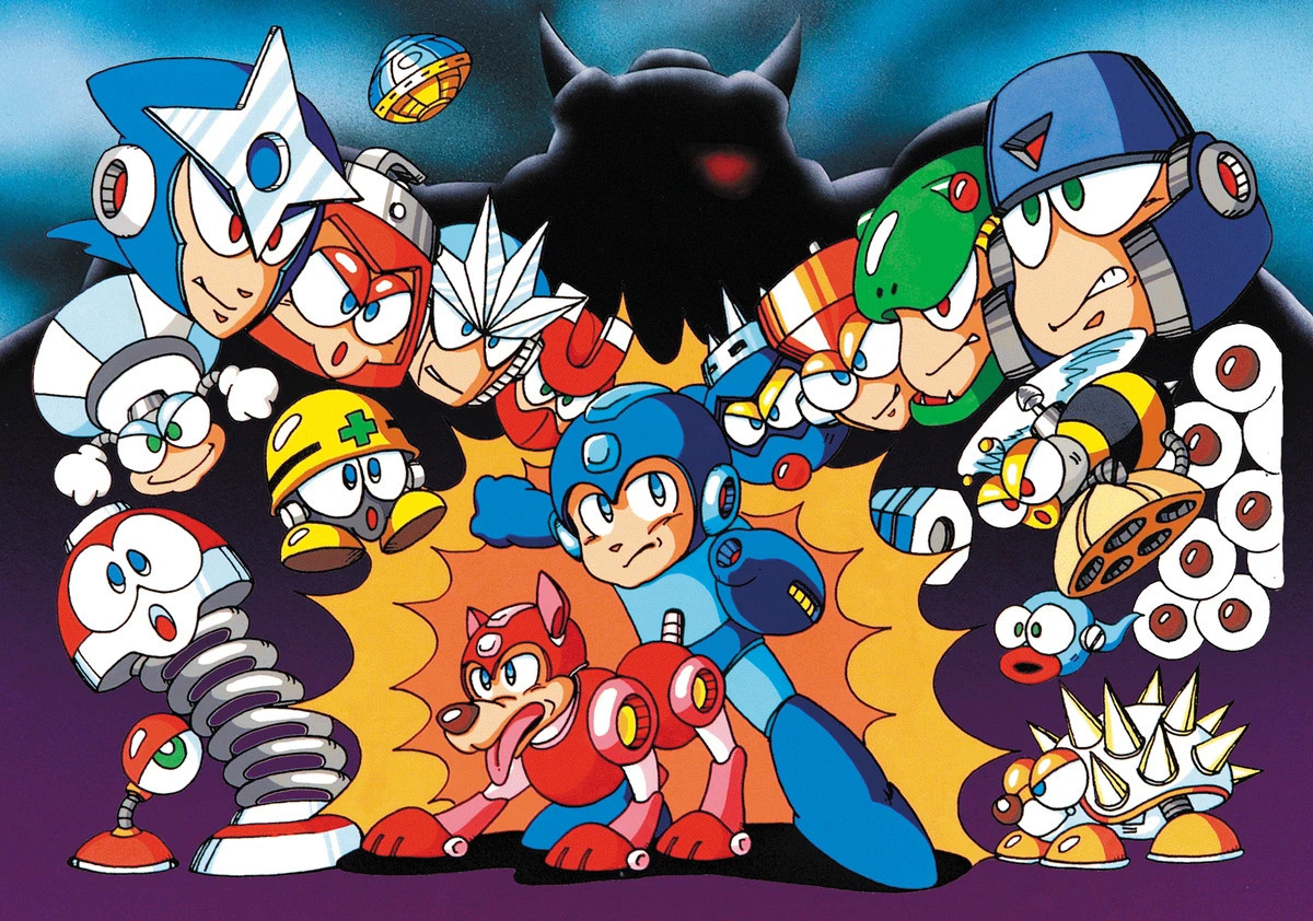 Japanese artwork for Mega Man 3. It displays the titular hero in the middle, standing next to his loyal robot dog Rush as the heads of the robot masters look down on them.